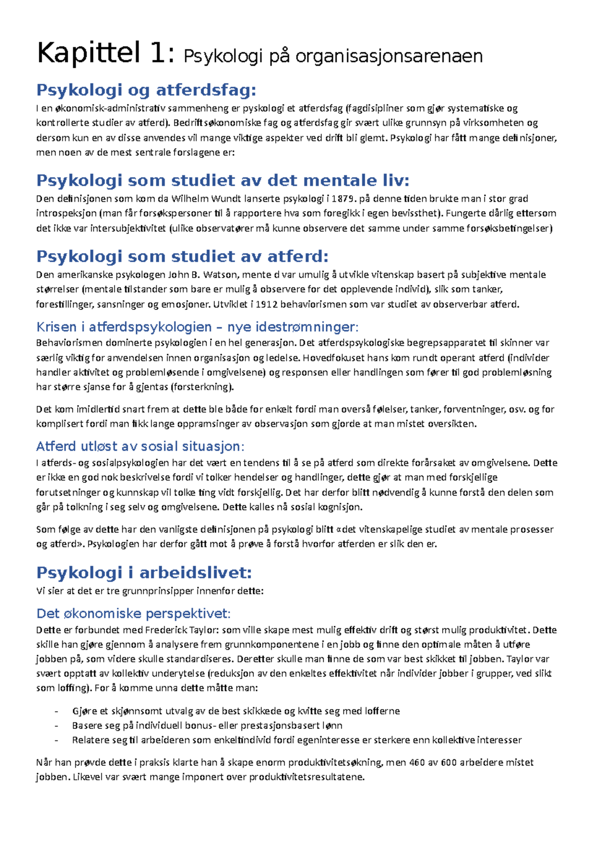 Sammendrag Organisasjon - Kapittel 1: Psykologi Organisasjonsarenaen ...