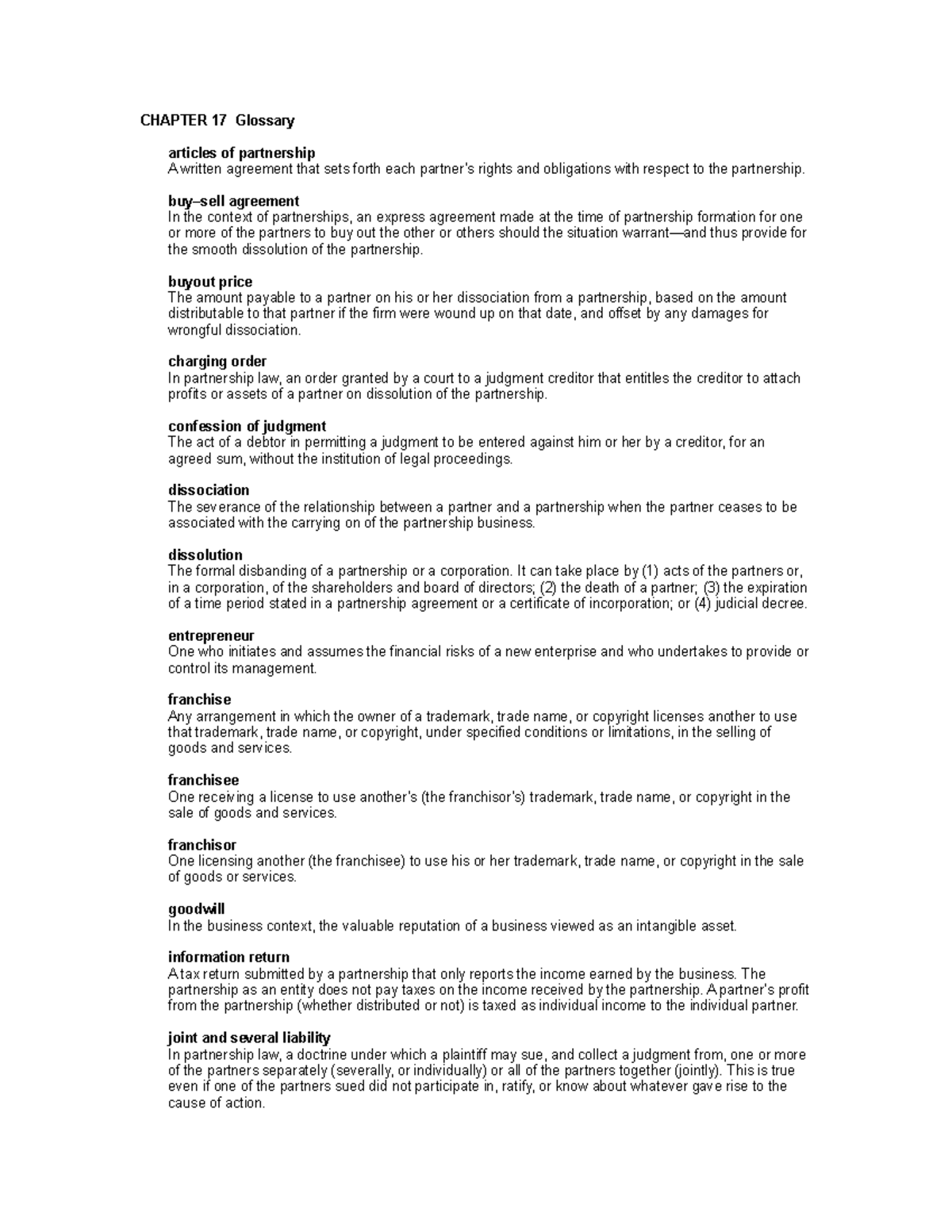 Ch17 legal vocabulary CHAPTER 17 Glossary articles of partnership A