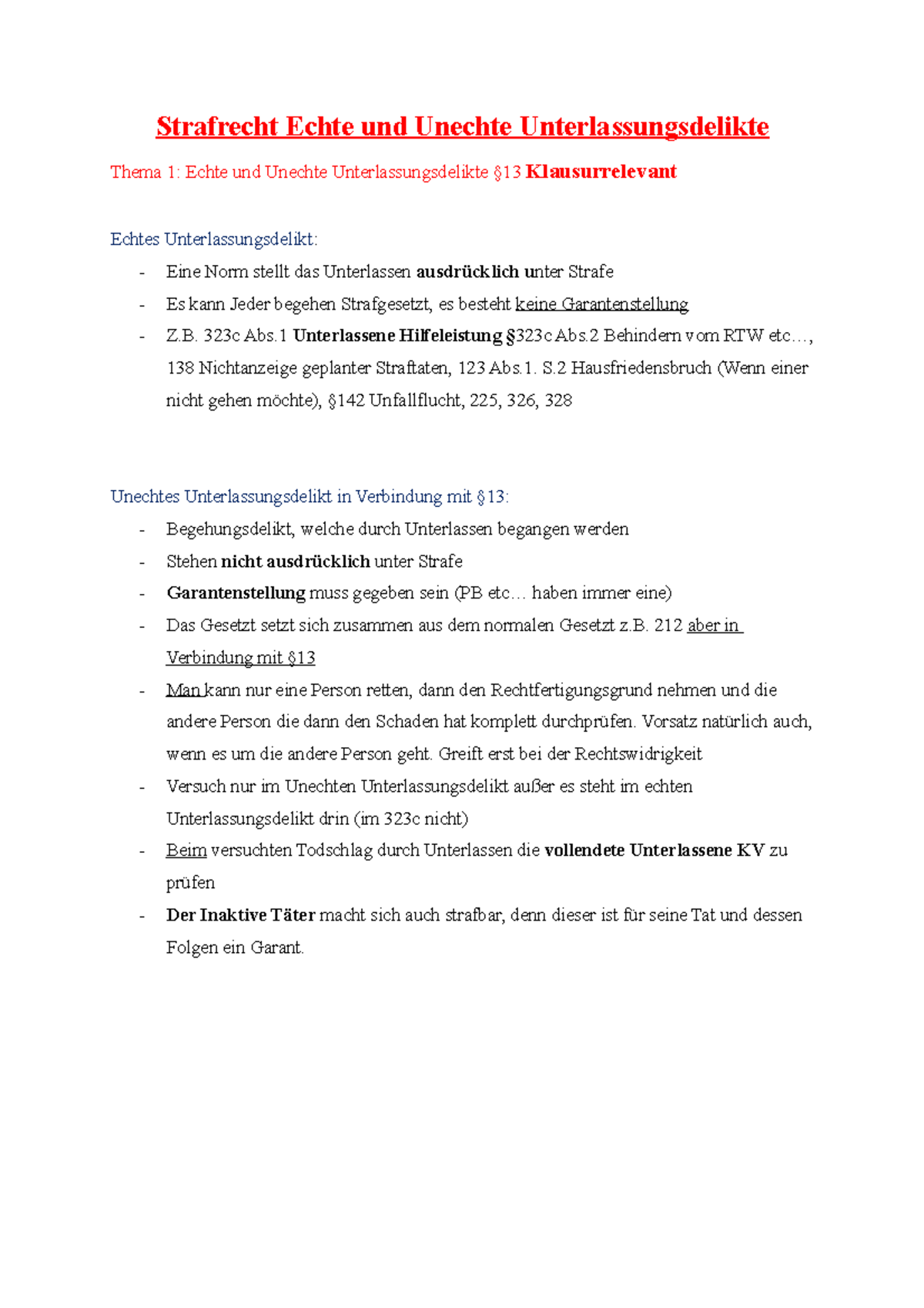 Echte Und Unechte Unterlassungsdelikte Echte und Unechte Unterlassungsdelikte - 323c Abs Unterlassene