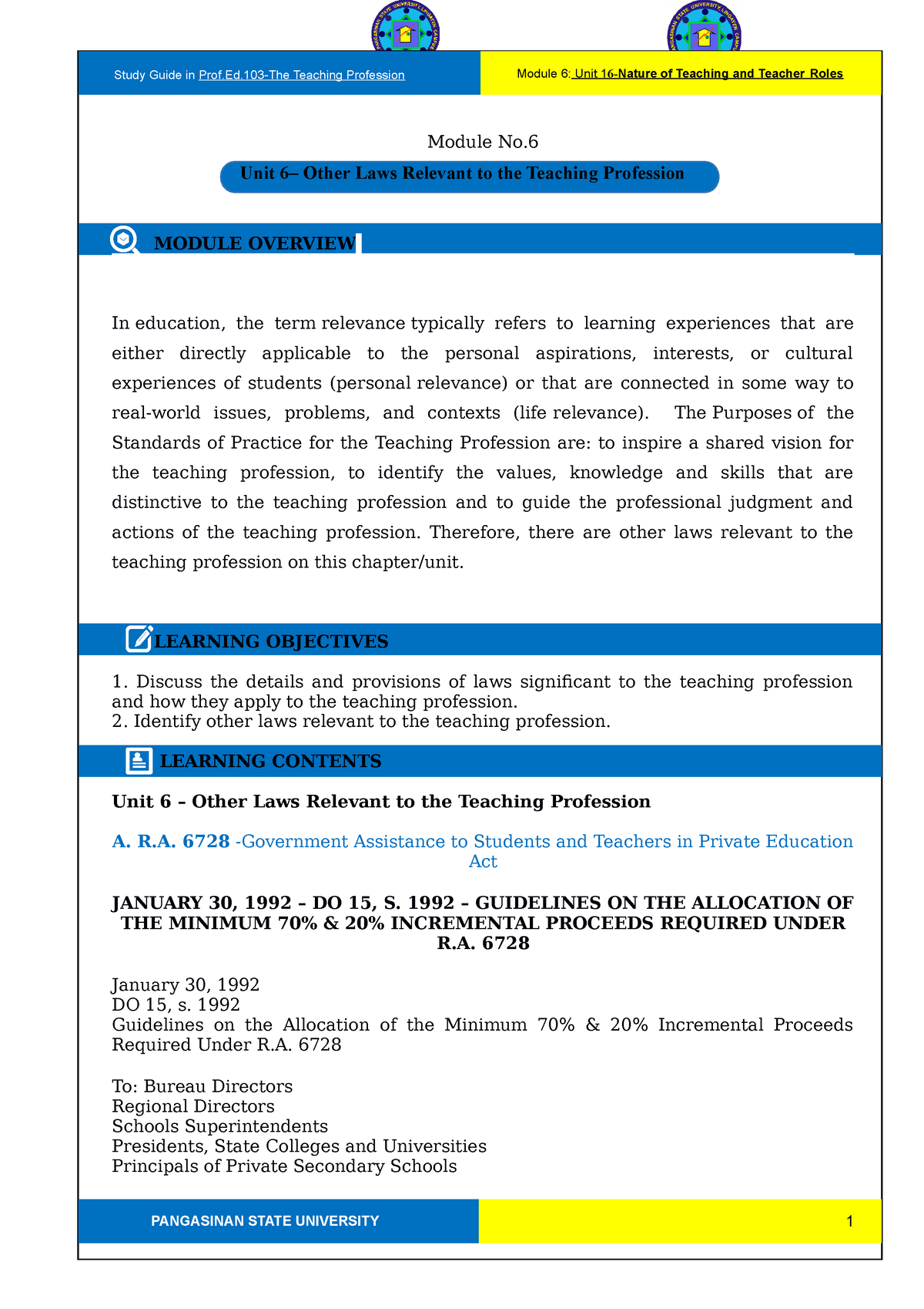 Module 6 The Teaching Profession - Module No. MODULE OVERVIEW In ...