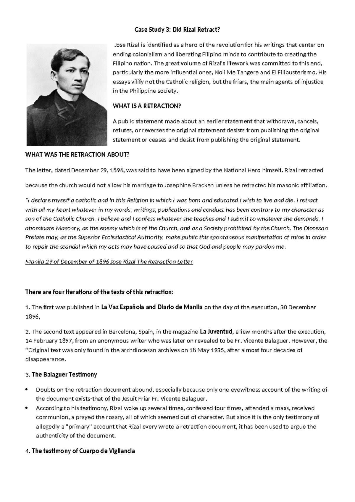 Rizal retraction - none - Case Study 3: Did Rizal Retract? Jose Rizal ...
