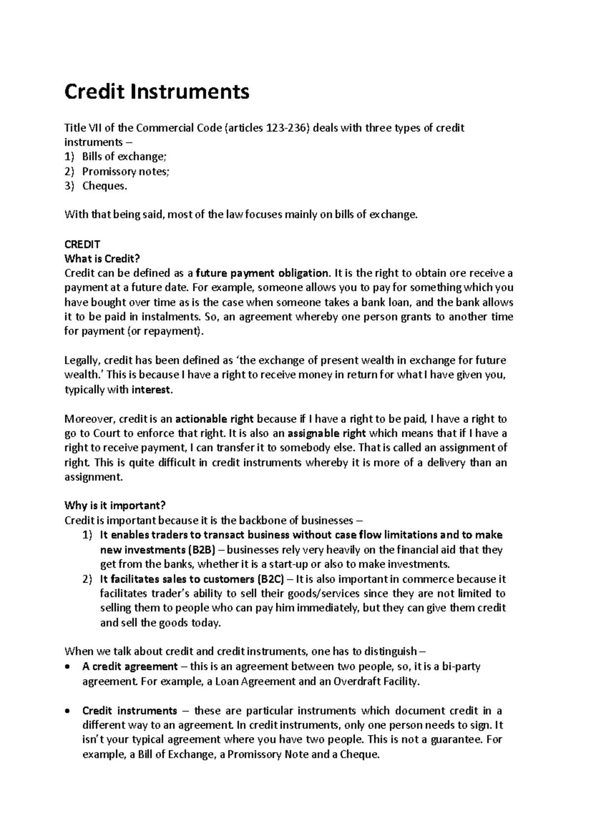 Credit Instruments LLB 1st Year Notes Credit Instruments Title VII