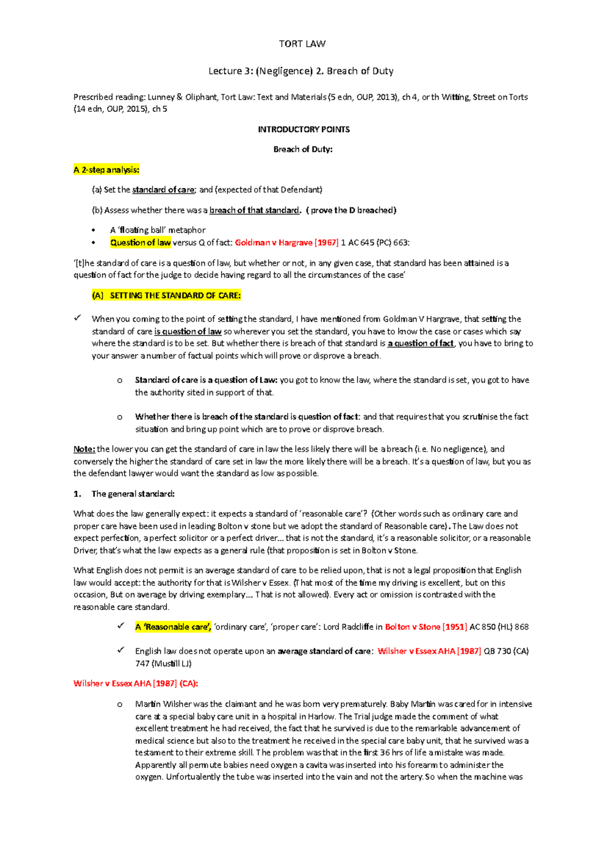 1.3 Breach Of Duty - Tort Law Lecture Notes - TORT LAW Lecture 3 ...