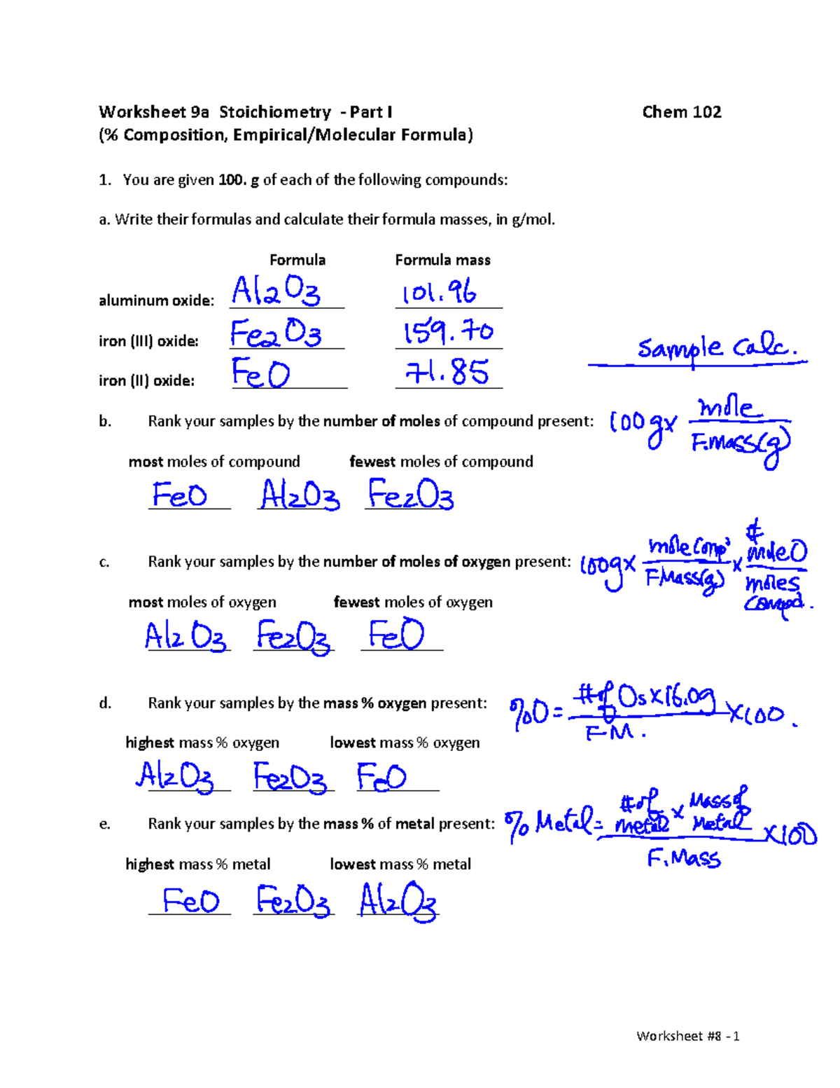 Worksheet 9a Stoichiometry - Part I Key - g of each of the following