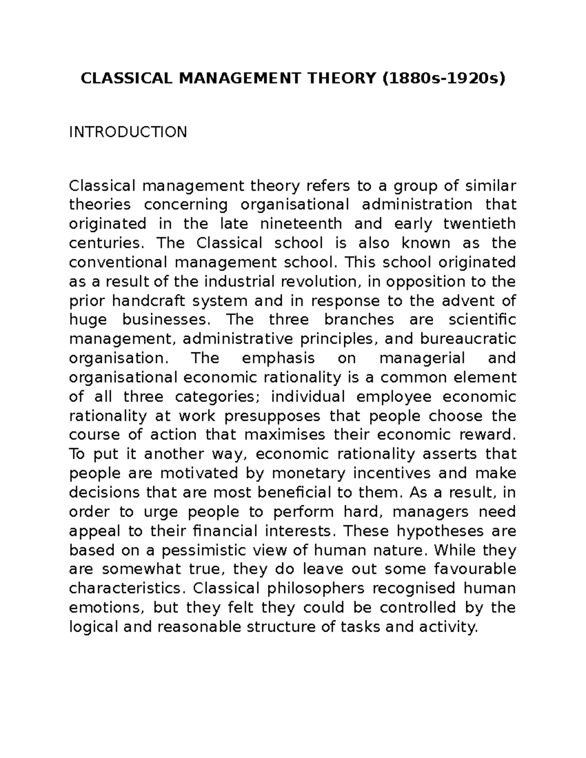 case study on classical management theory