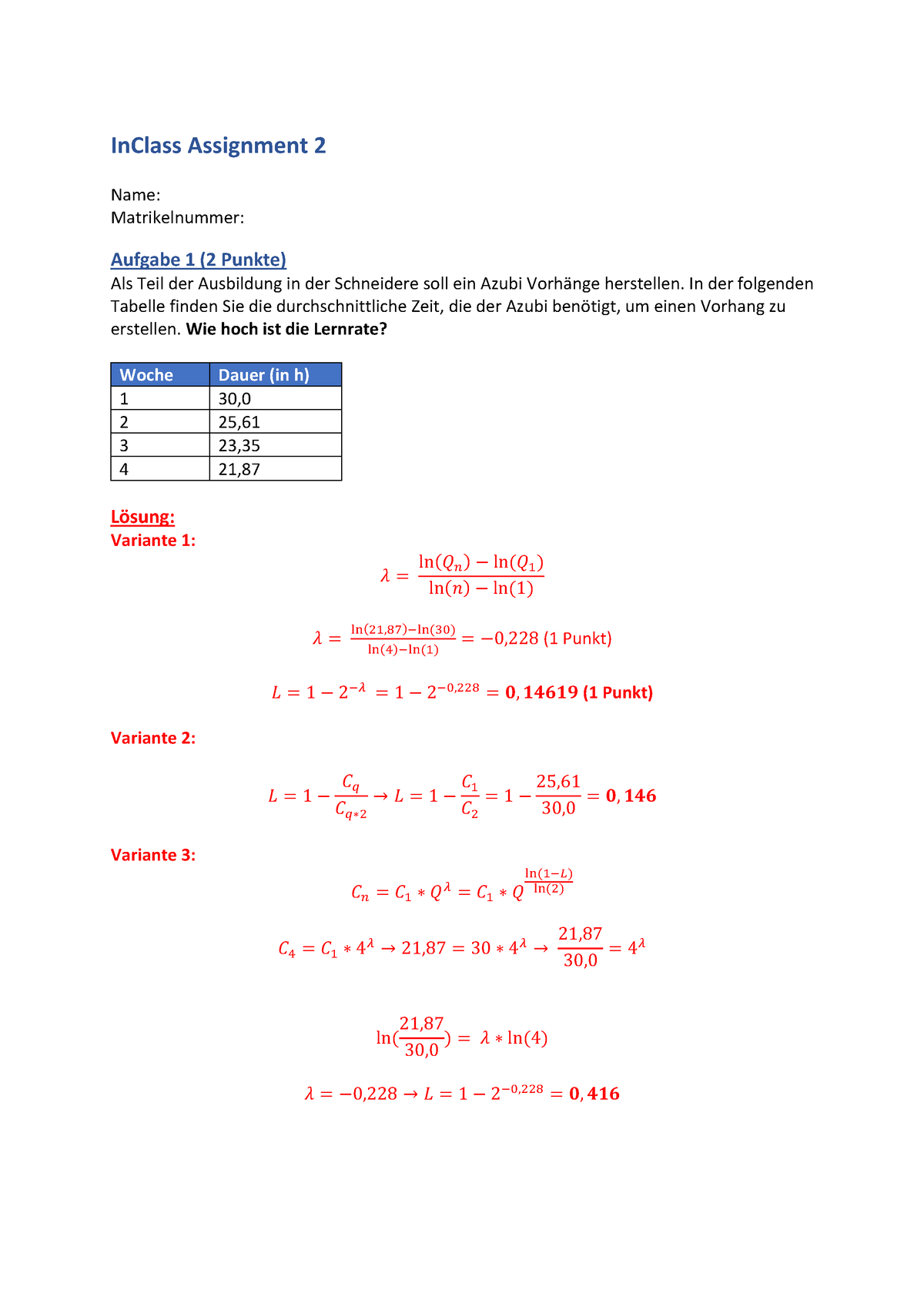 In Class 2 Musterlösung - InClass Assignment 2 Name: Matrikelnummer ...