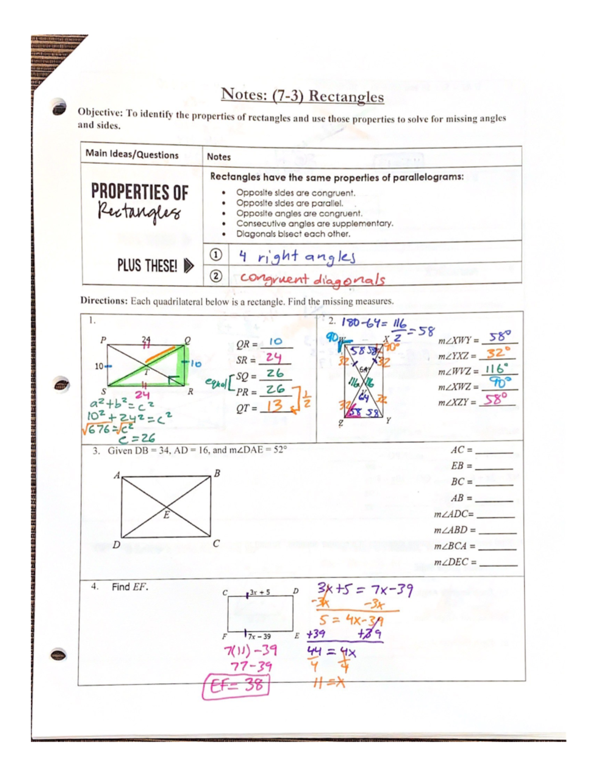 73 Notes Properties of Rectangles Notes Rectangles Objective To i ify the , To identify
