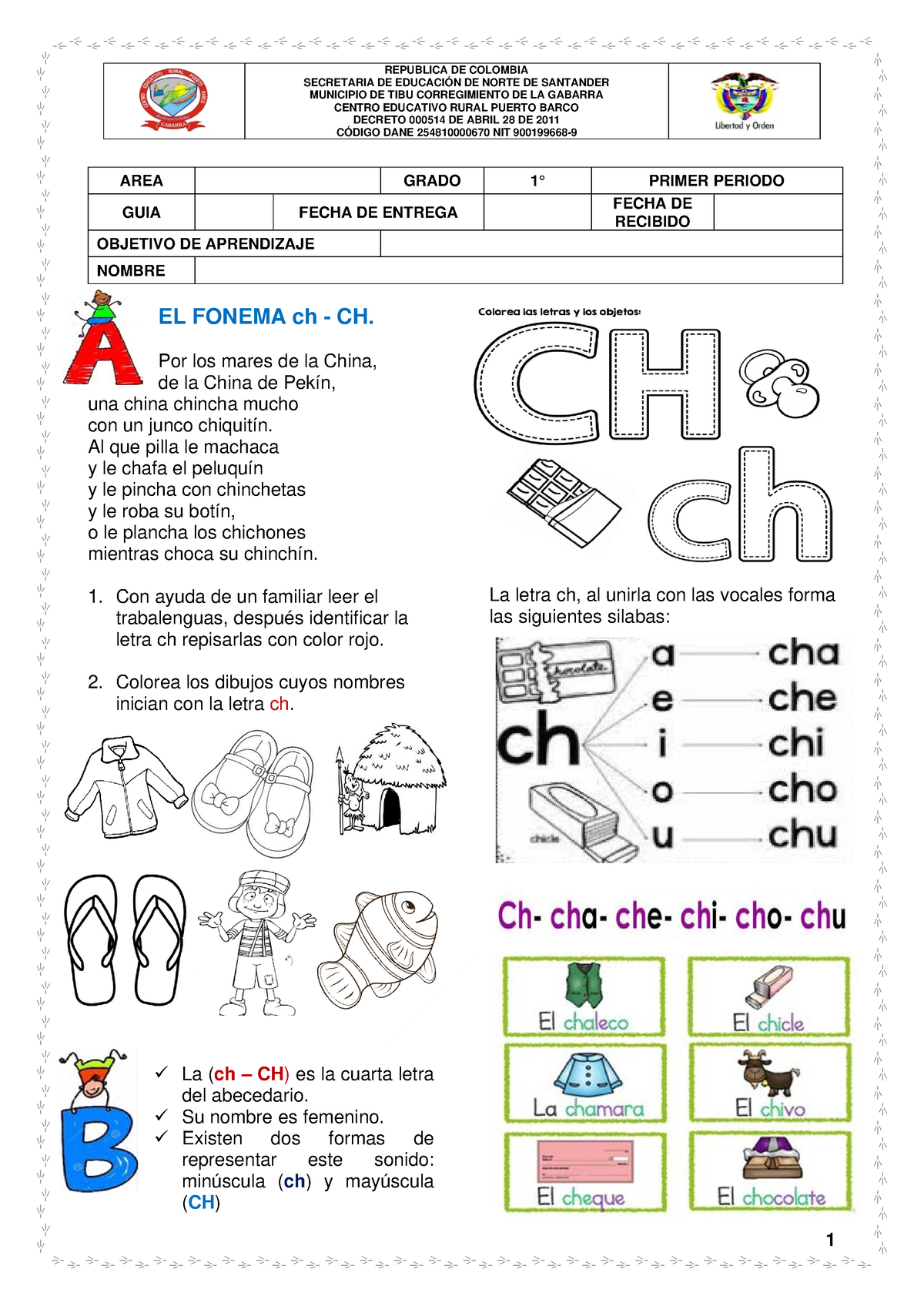 Guia para grado primero fonema ch compress 1 EL FONEMA ch CH