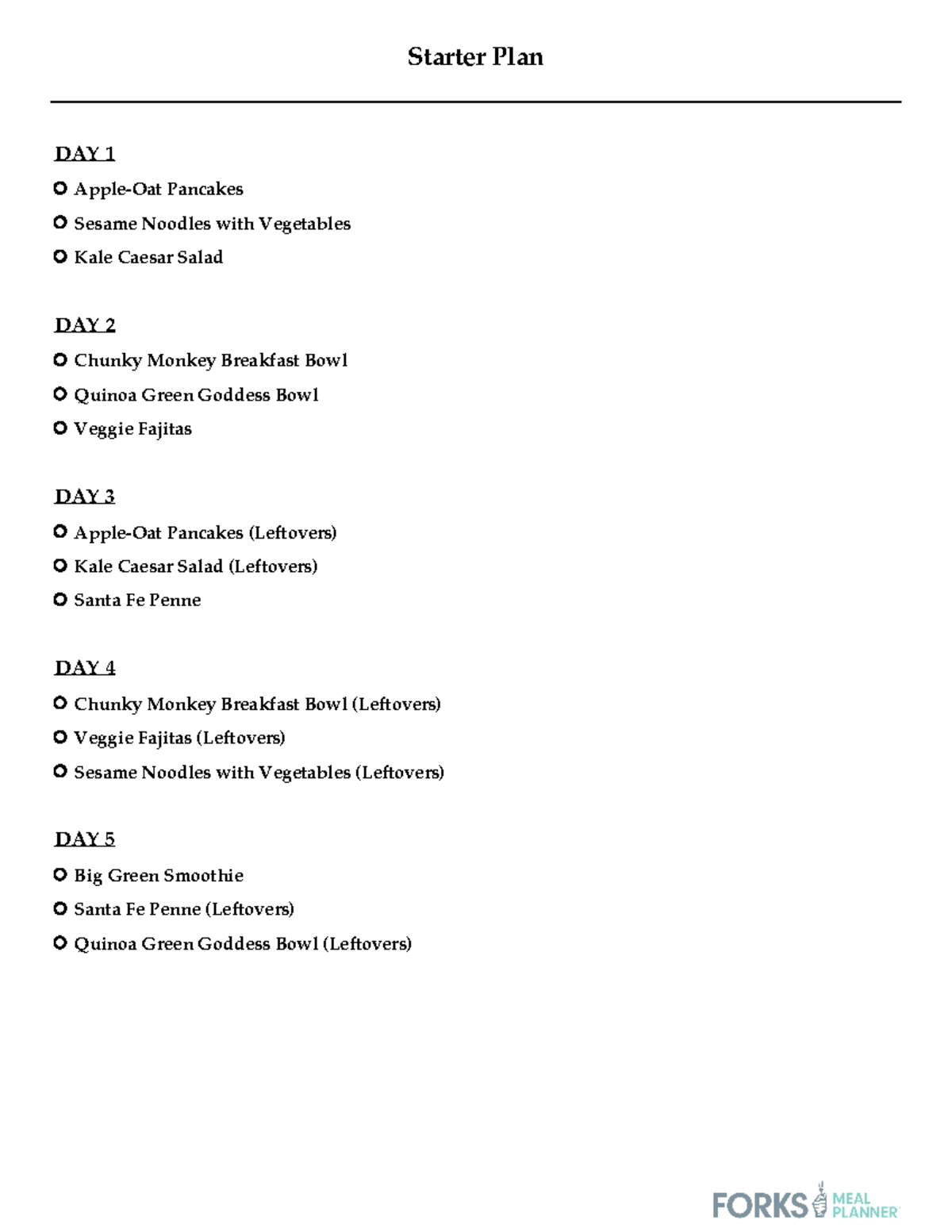 Forks Meal Planner Starter Plan Meal Plan Starter Plan DAY 1