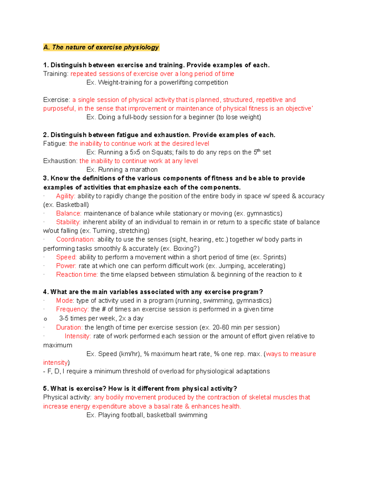 301 Study Guide - Professor Fleming - A. The nature of exercise physiology Distinguish between ...