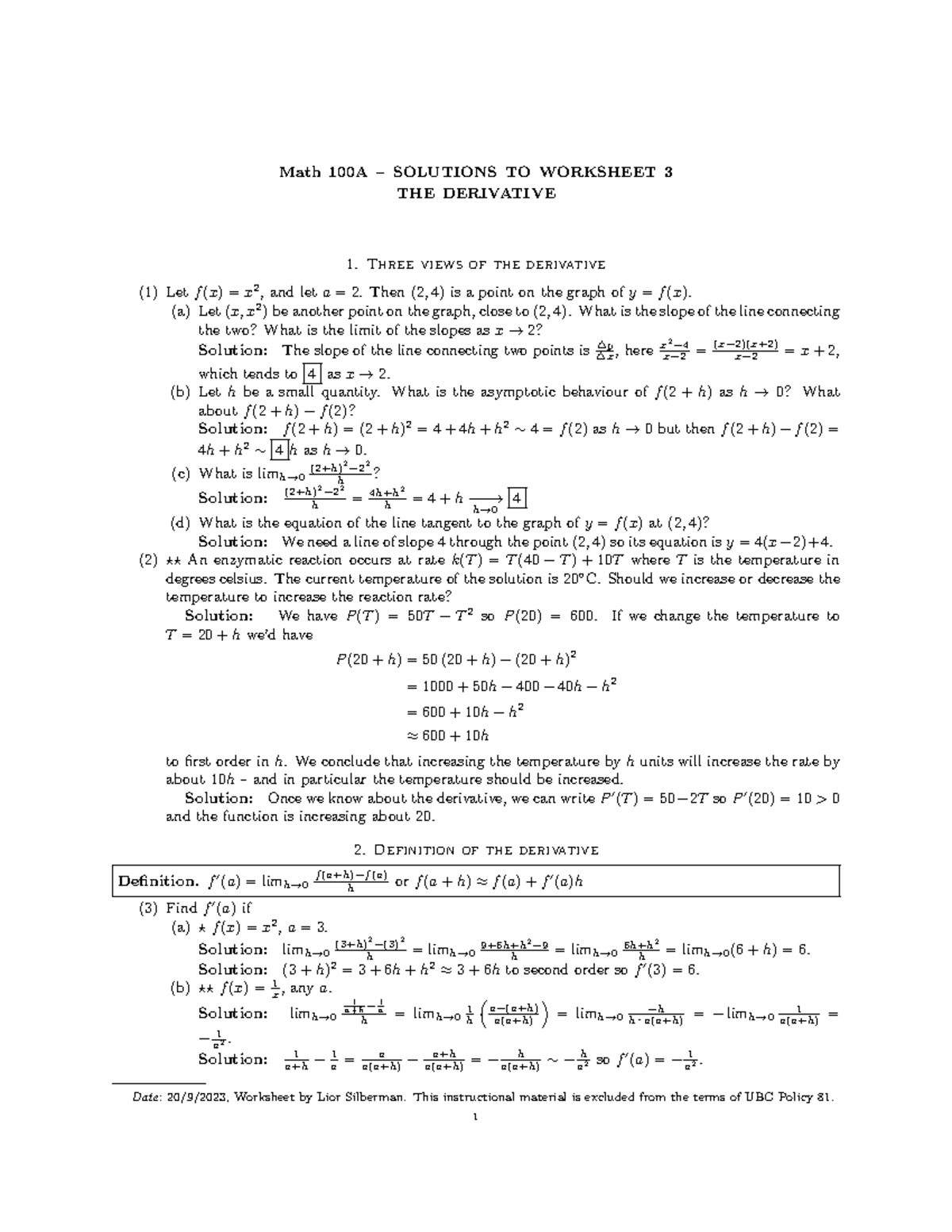 03 Derivatives - math 100 practice - Math 100A – SOLUTIONS TO WORKSHEET ...