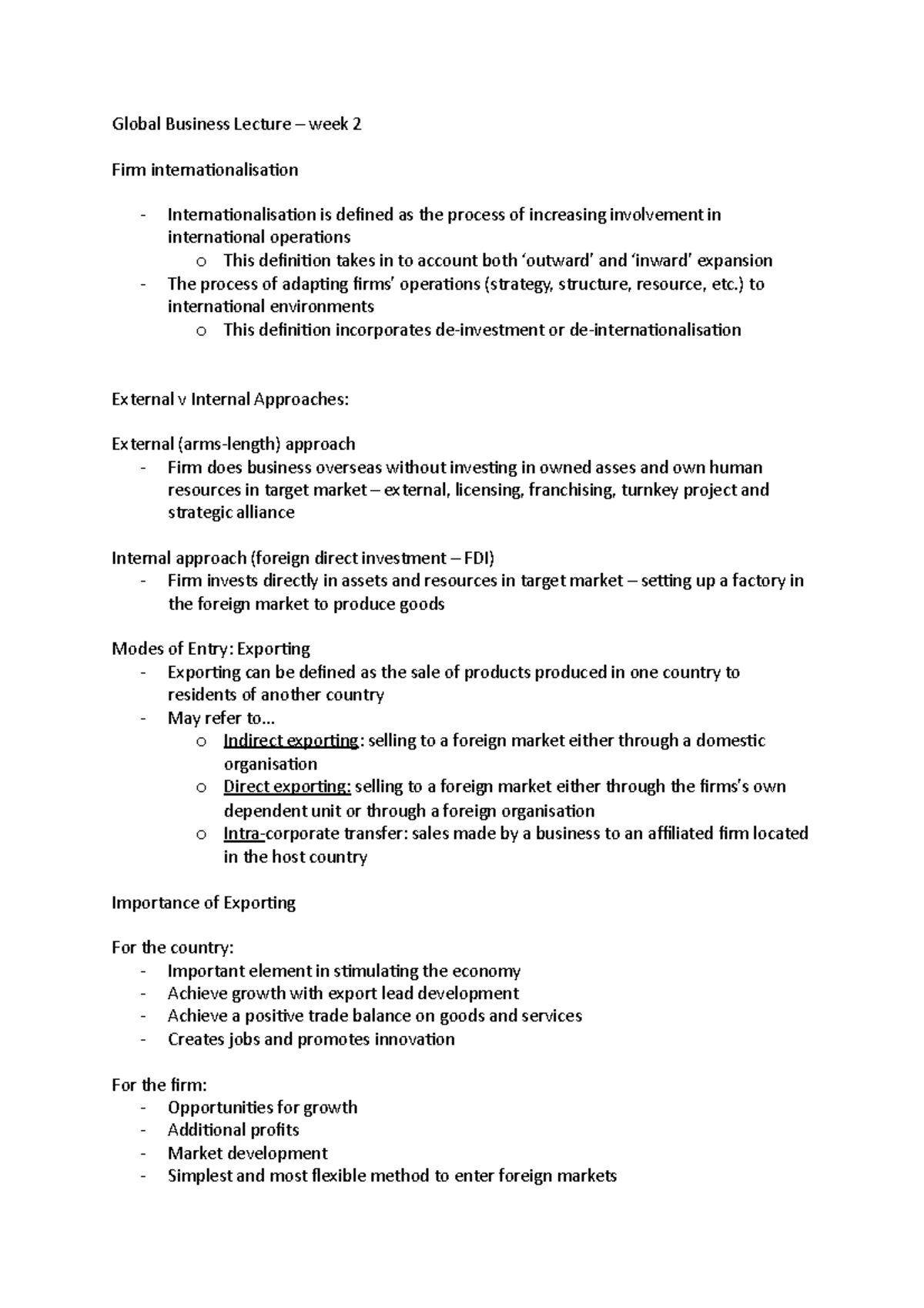 Global Business Lecture - week 2 - ) to international environments o ...