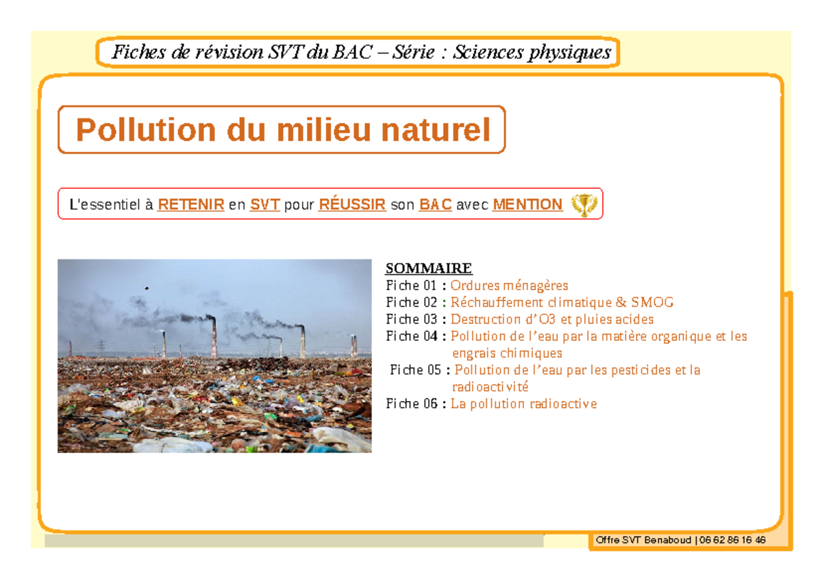 Pollution (SVT Benaboud) 103533 - Fiches de révision SVT du BAC – Série ...