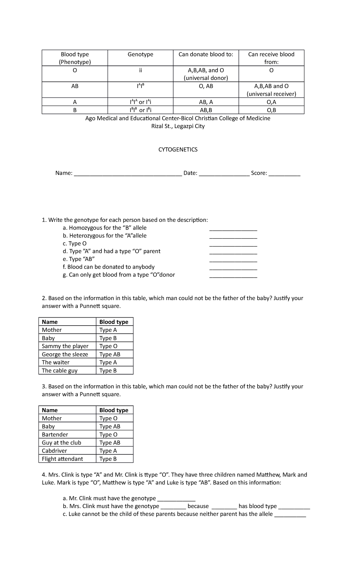 Genetics- Blood Groups - Blood type (Phenotype) Genotype Can donate ...