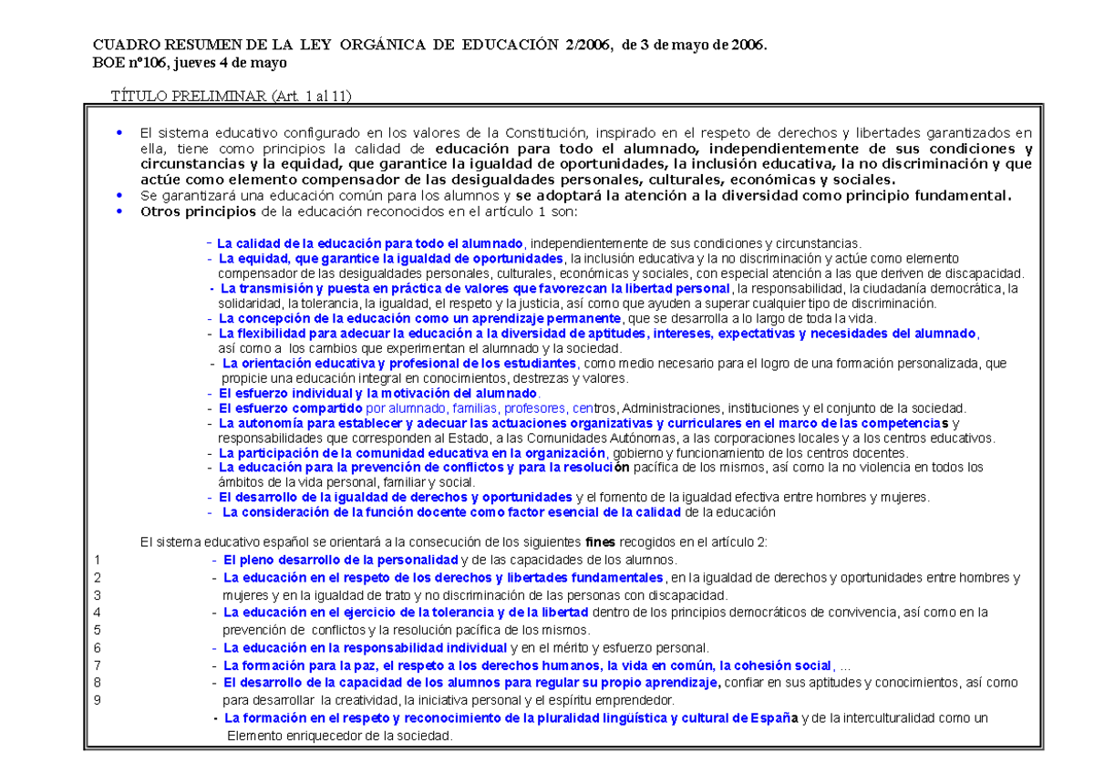 Cuadro Resumen DE LA LOE - CUADRO RESUMEN DE LA LEY ORGÁNICA DE ...