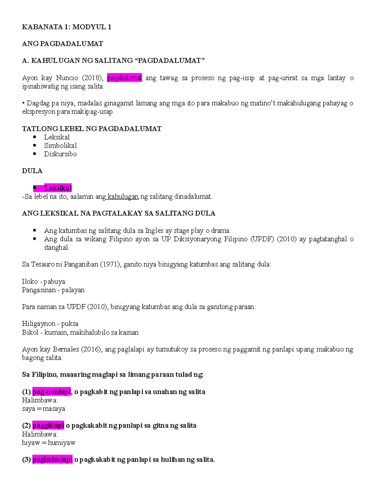 FilipinoQUIZ Reviewer KABANATA 1 MODYUL 1 ANG PAGDADALUMAT A