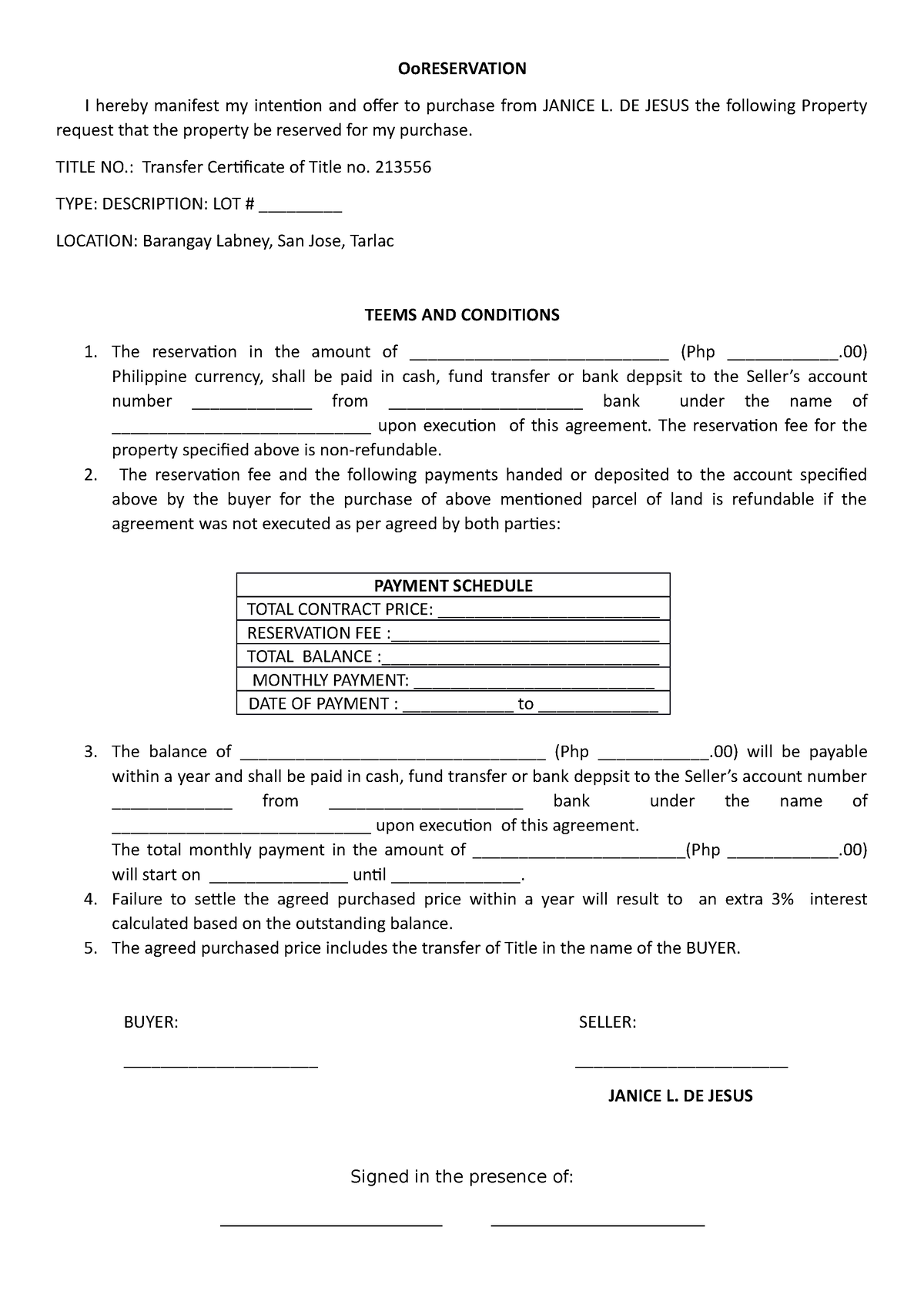 Reservation agreement - OoRESERVATION I hereby manifest my intention ...