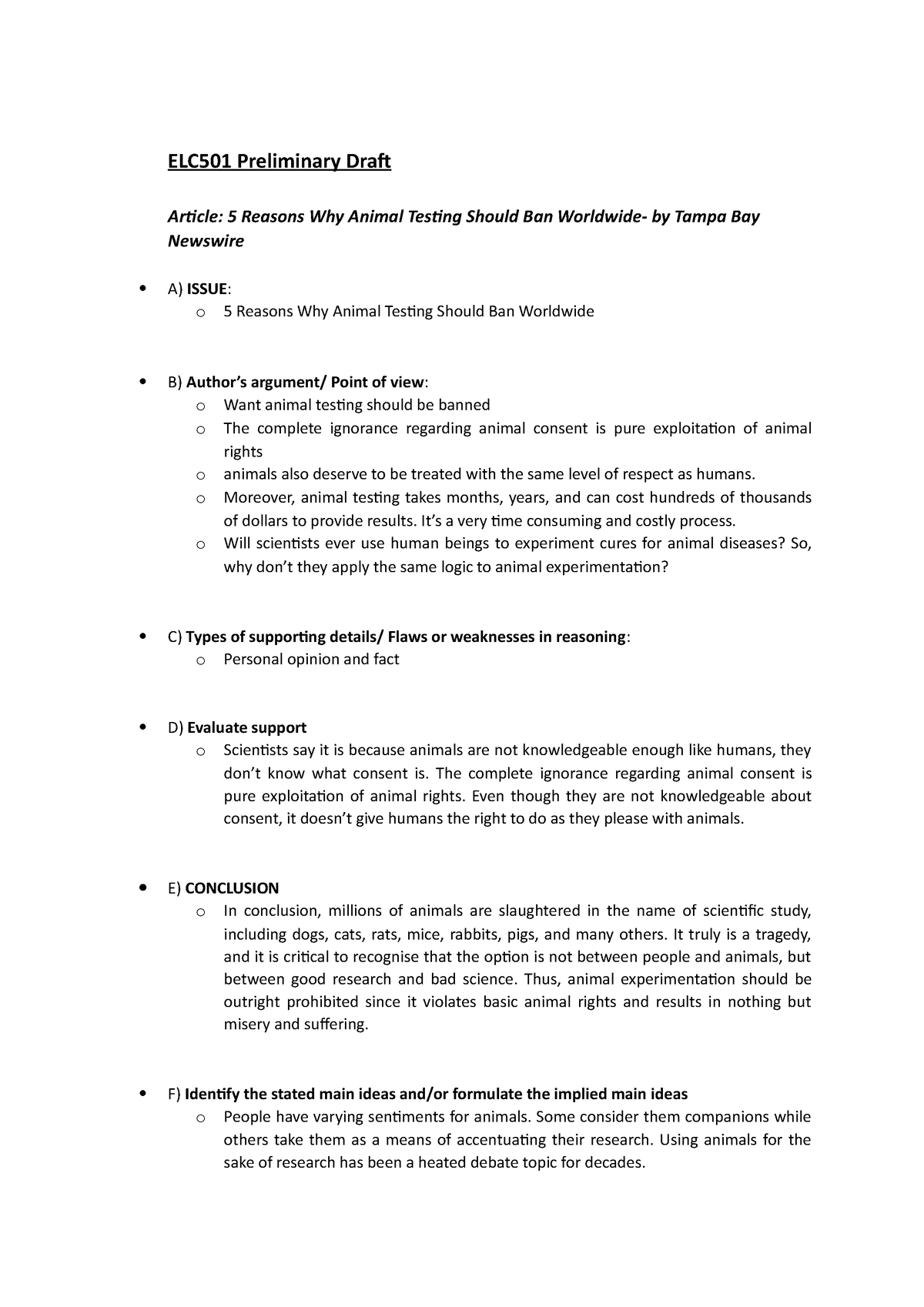 ELC501 Group Assignment Draft - ELC501 Preliminary Draf Article: 5 Reasons  Why Animal Testing Should - Studocu