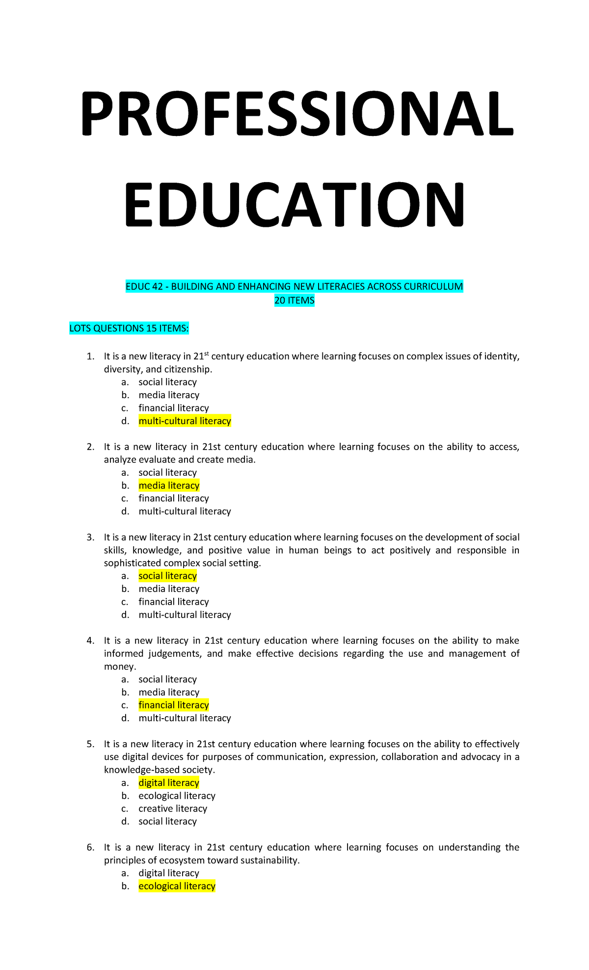 Reviewer IN Qualifying EXAM - PROFESSIONAL EDUCATION EDUC 42 - BUILDING ...