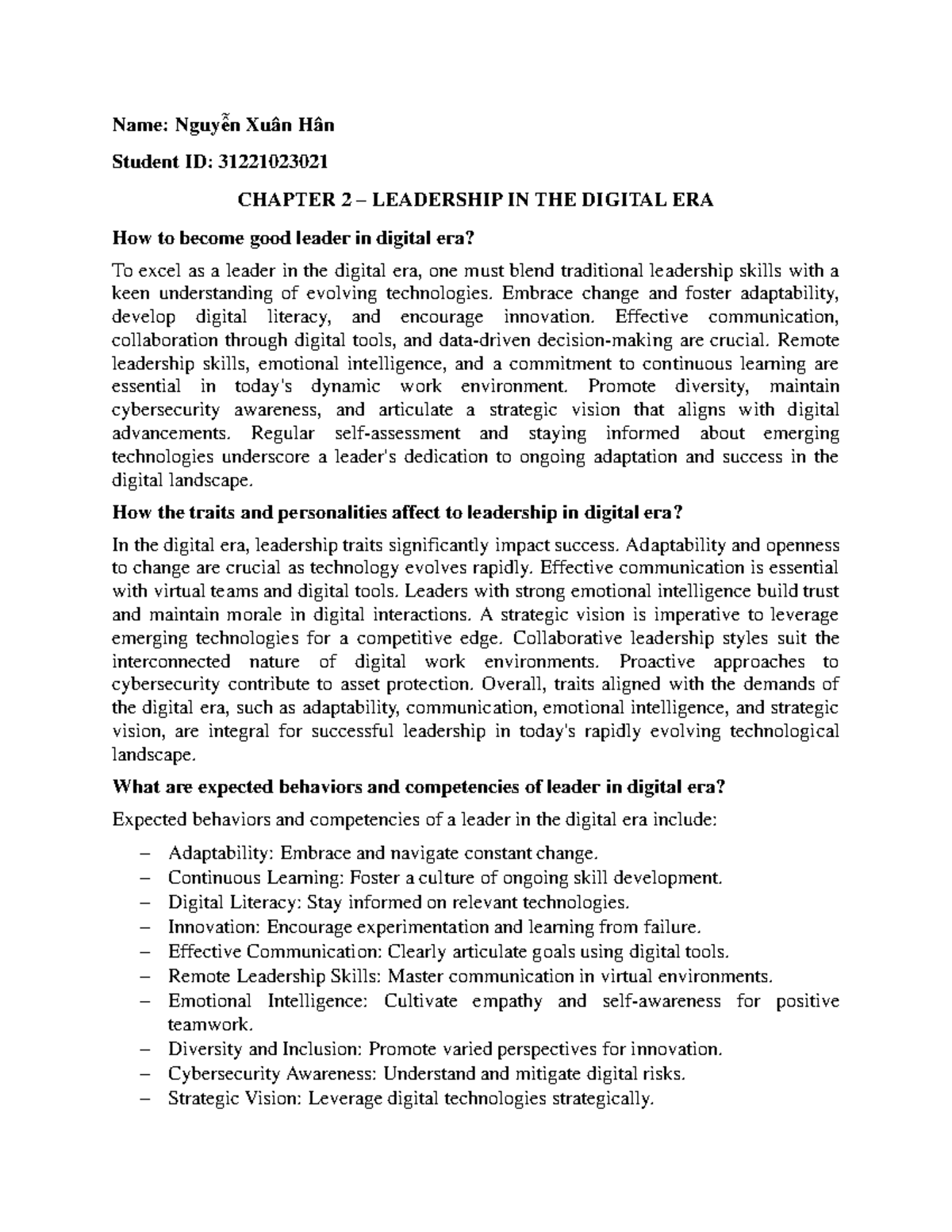 Name - Leadership in the digital era - Name: Nguyễn Xuân Hân Student ID ...