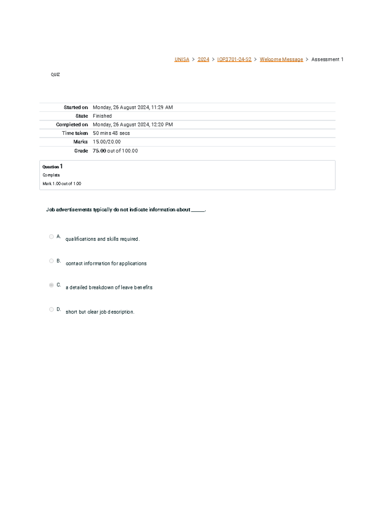 Assessment 1 Attempt review - UNISA 2024 IOP3701-24-S2 Welcome Message ...