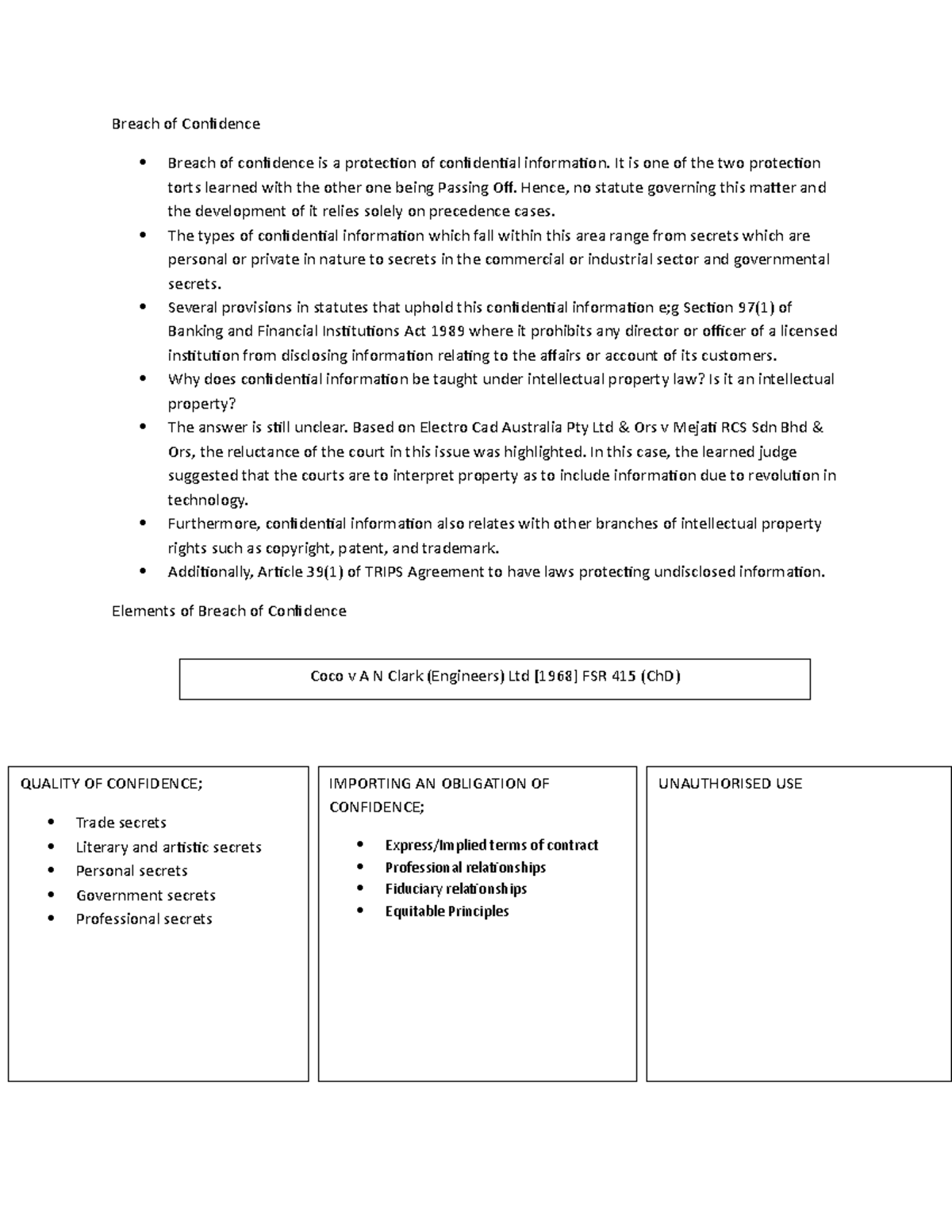 Breach Of Confidence - Summary Notes - Breach Of Confidence Breach Of ...