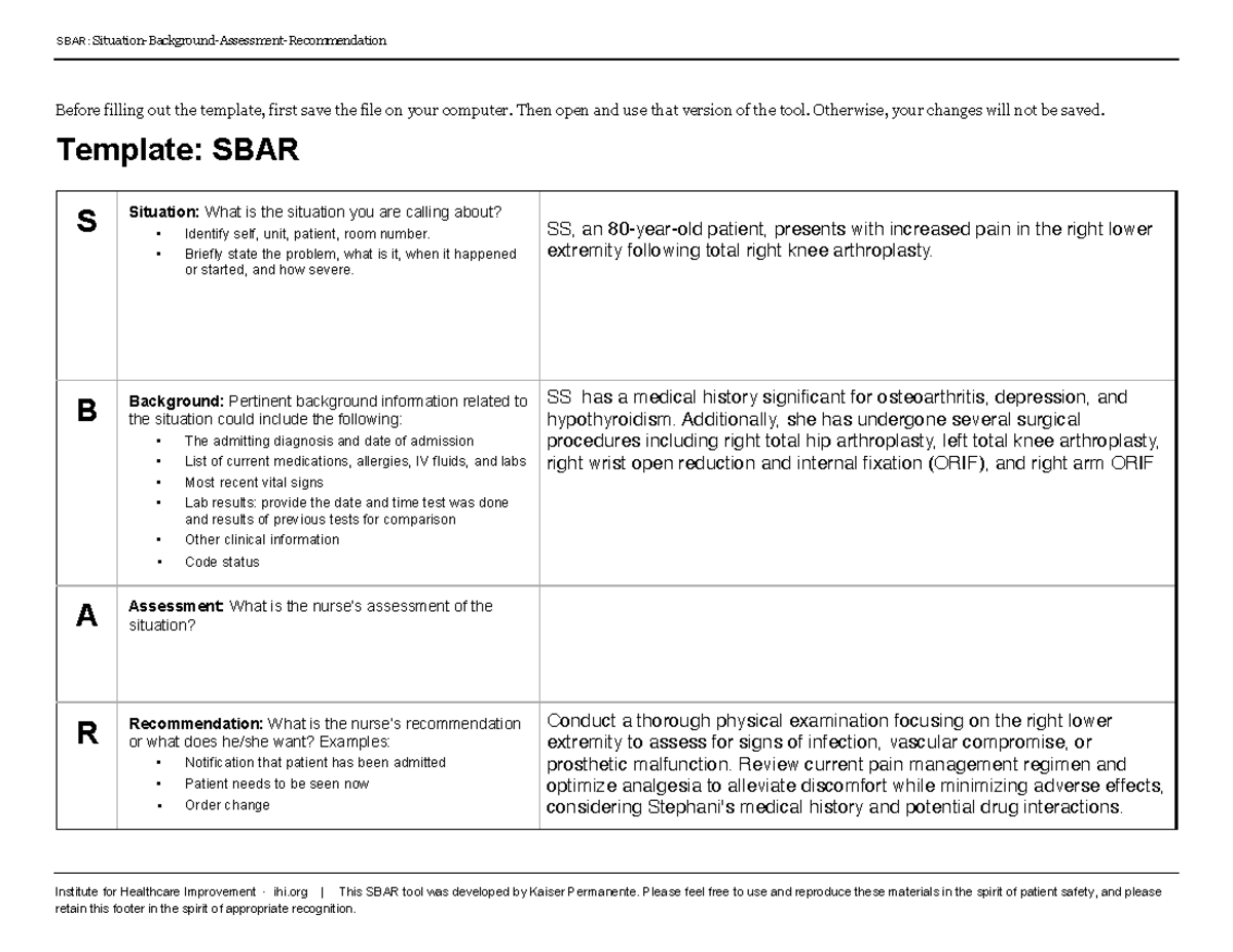 Sbartechniquefor Communication-IHI v2 - SBAR: Situation-Background ...