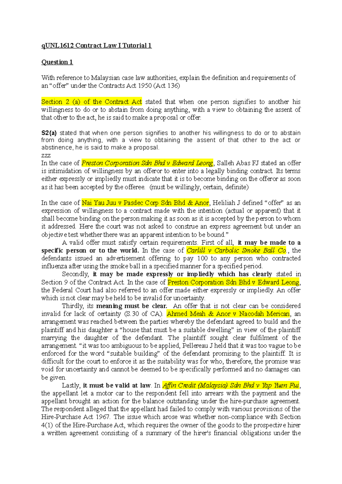Tutorial 1 Qunl1612 Contract Law I Tutorial 1 Question 1 With Tutorial 1 Qunl1612 Contract Law I Tutorial 1 Question 1 With