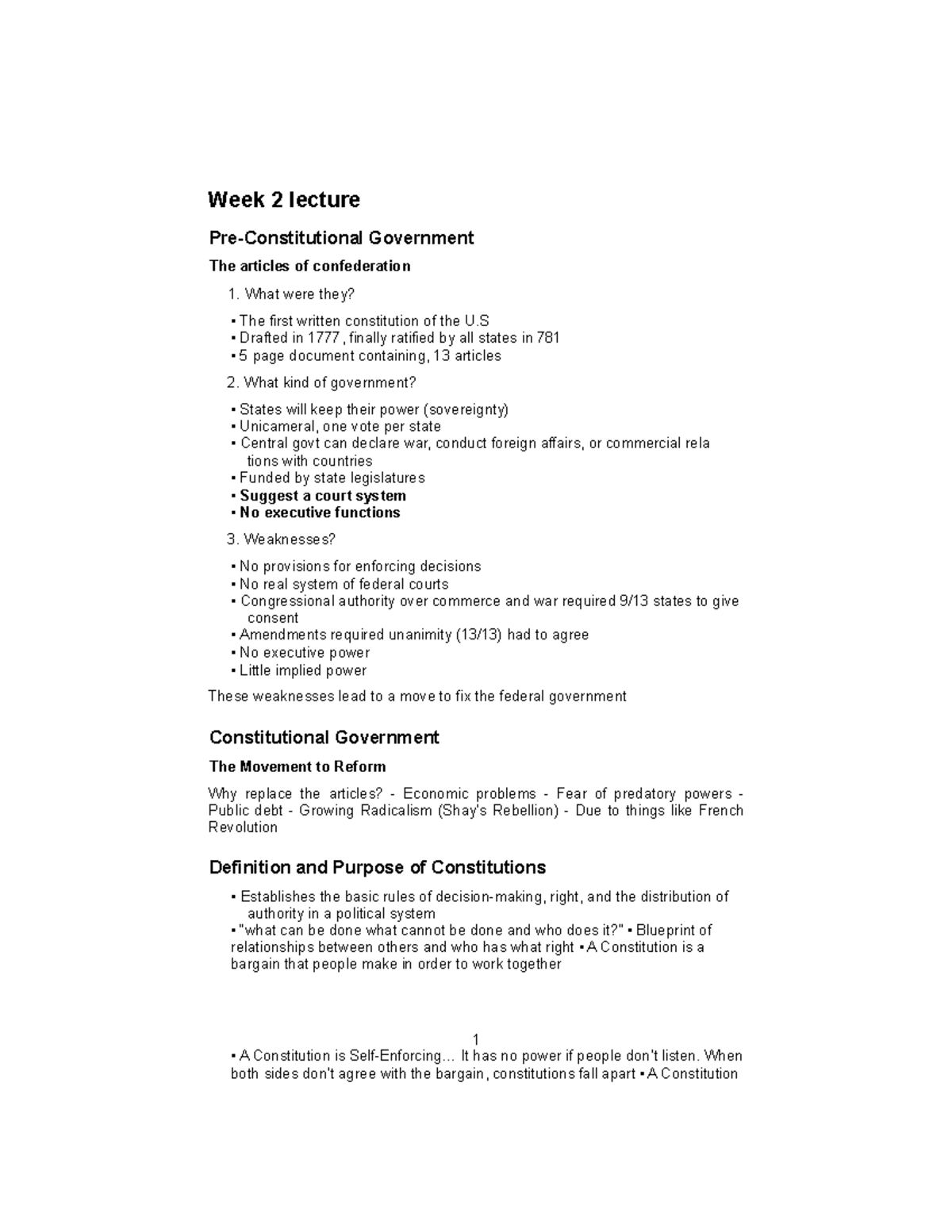Civil 2 Week 2 lecture PreConstitutional Government The articles of