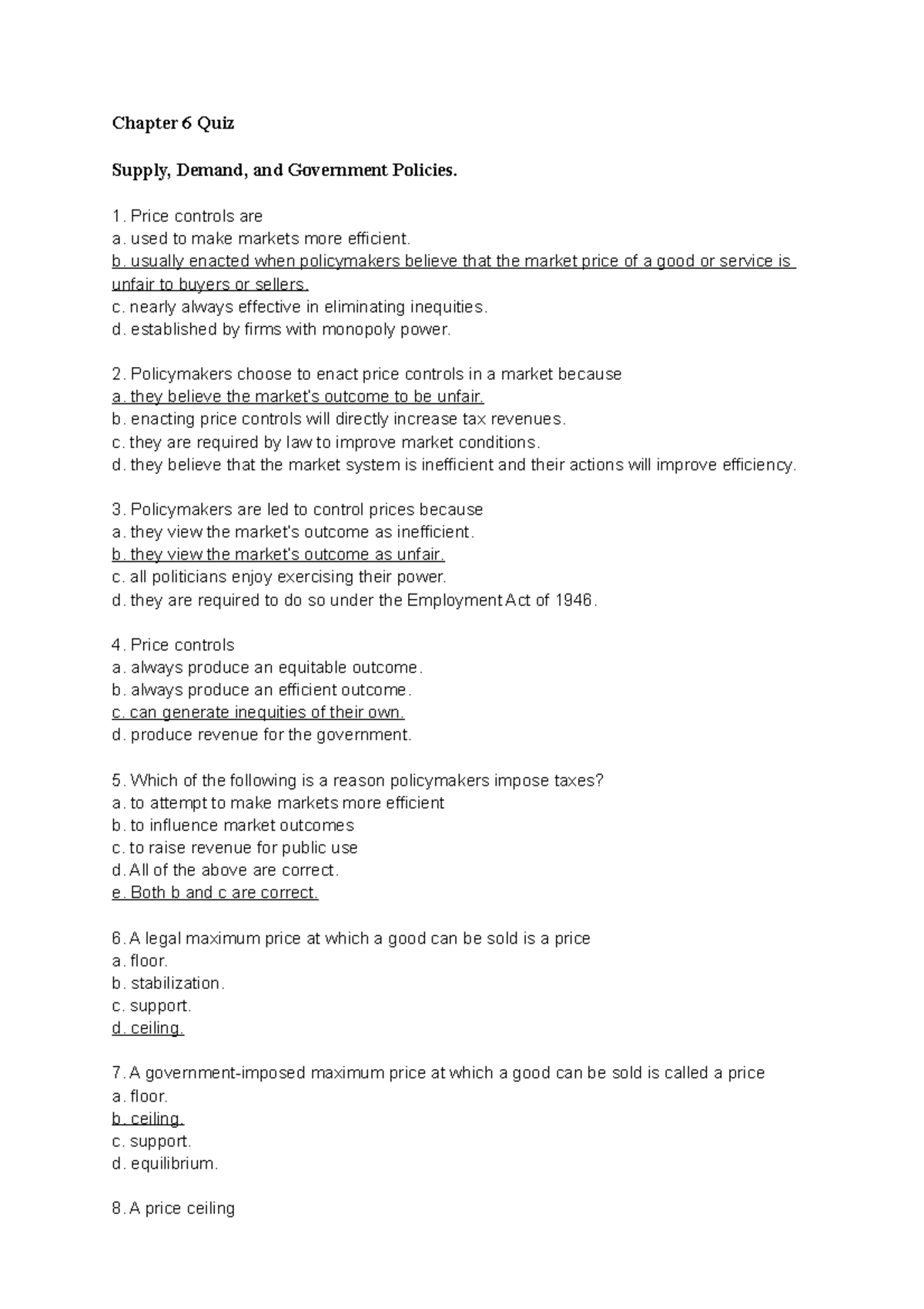 Chapter 6 Quiz - QUIZ - Chapter 6 Quiz Supply, Demand, and Government ...