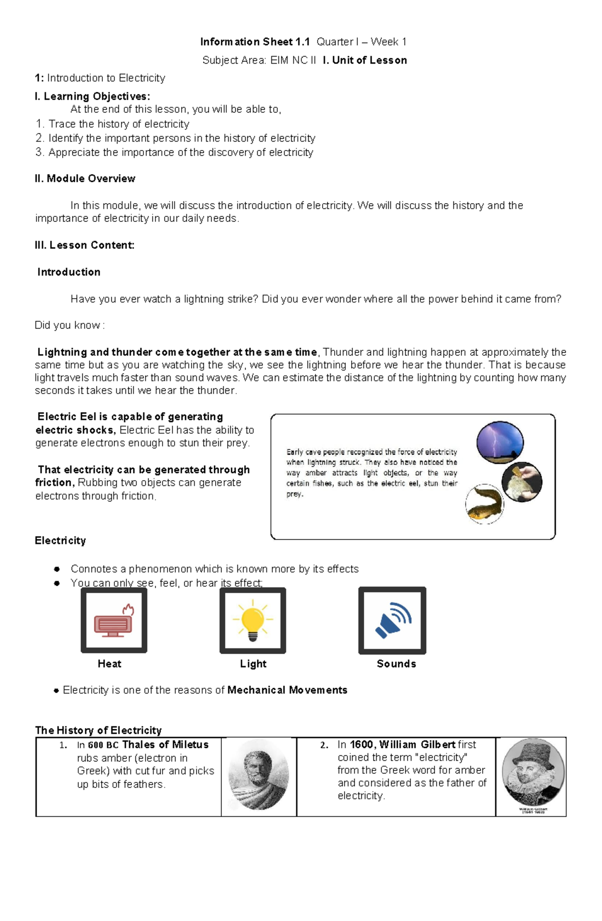 Introduction To Eim Information Sheet 1 Quarter I Week 1 Subject Area Eim Nc Ii I Unit Of