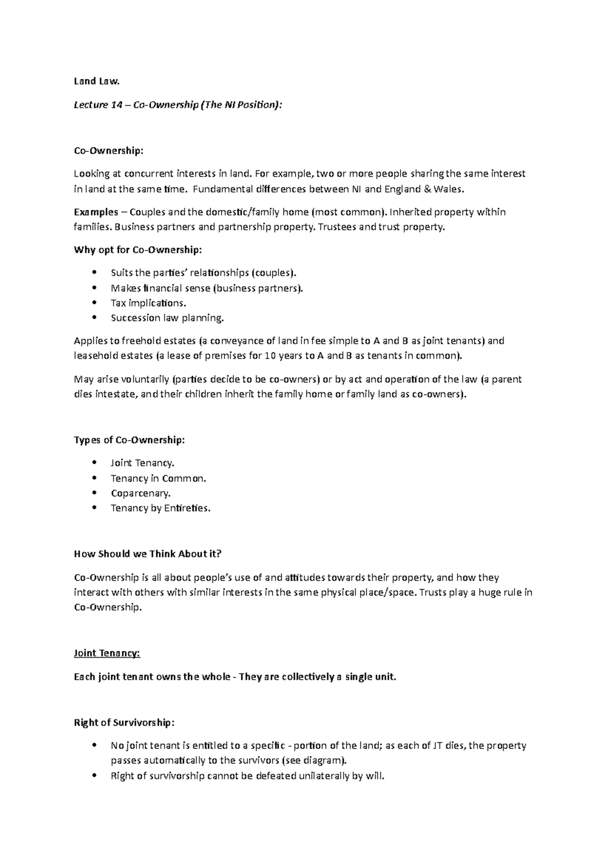 Land Law - Co-Ownership (NI Position) - Land Law. Lecture 14 – Co ...