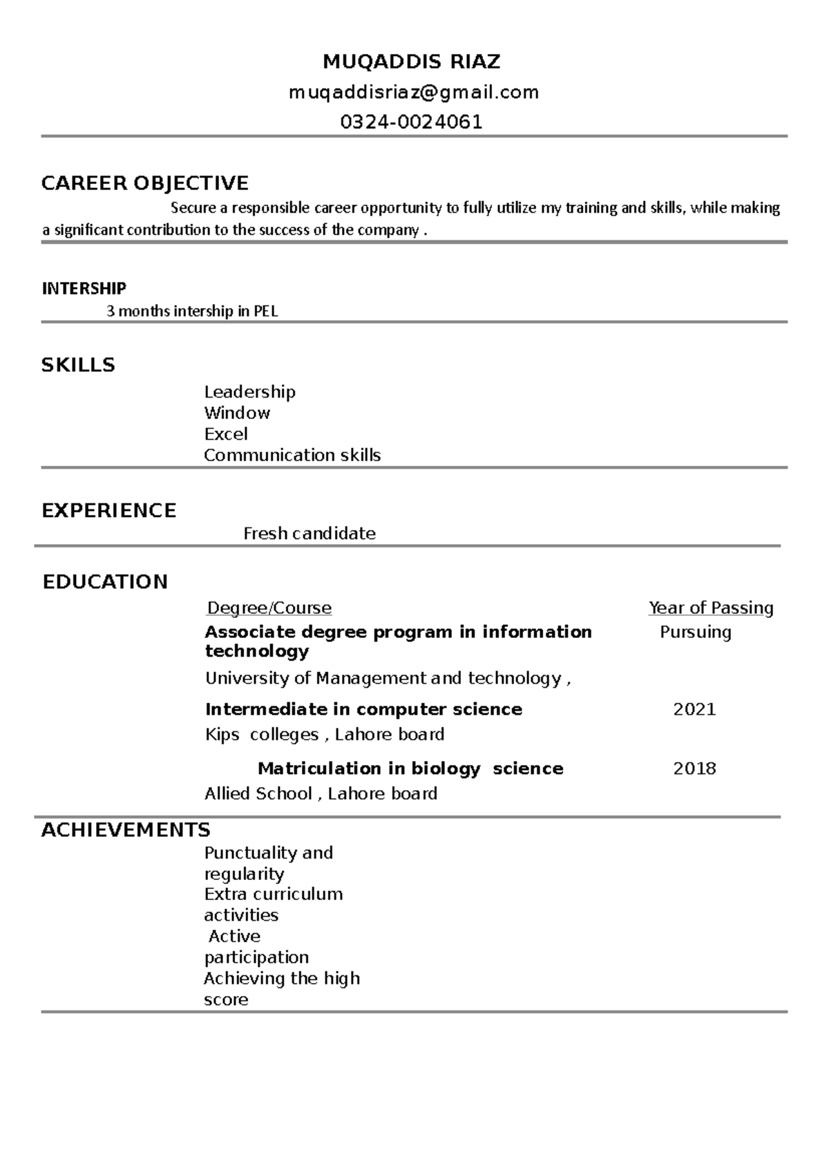 Muqaddis cv - .... - MUQADDIS RIAZ muqaddisriaz@gmail 0324- CAREER ...