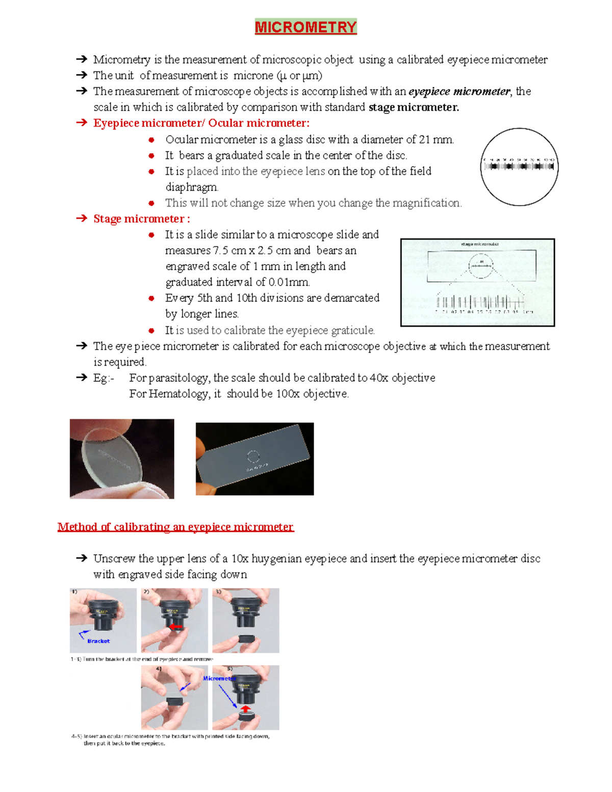 Micrometry Eyepiece micrometer/ Ocular micrometer Ocular micrometer