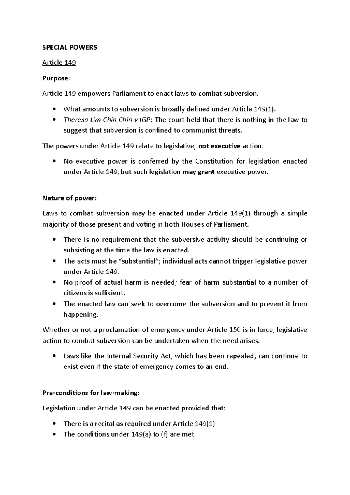 Consti Notes Special Powers - SPECIAL POWERS Article 149 Purpose ...
