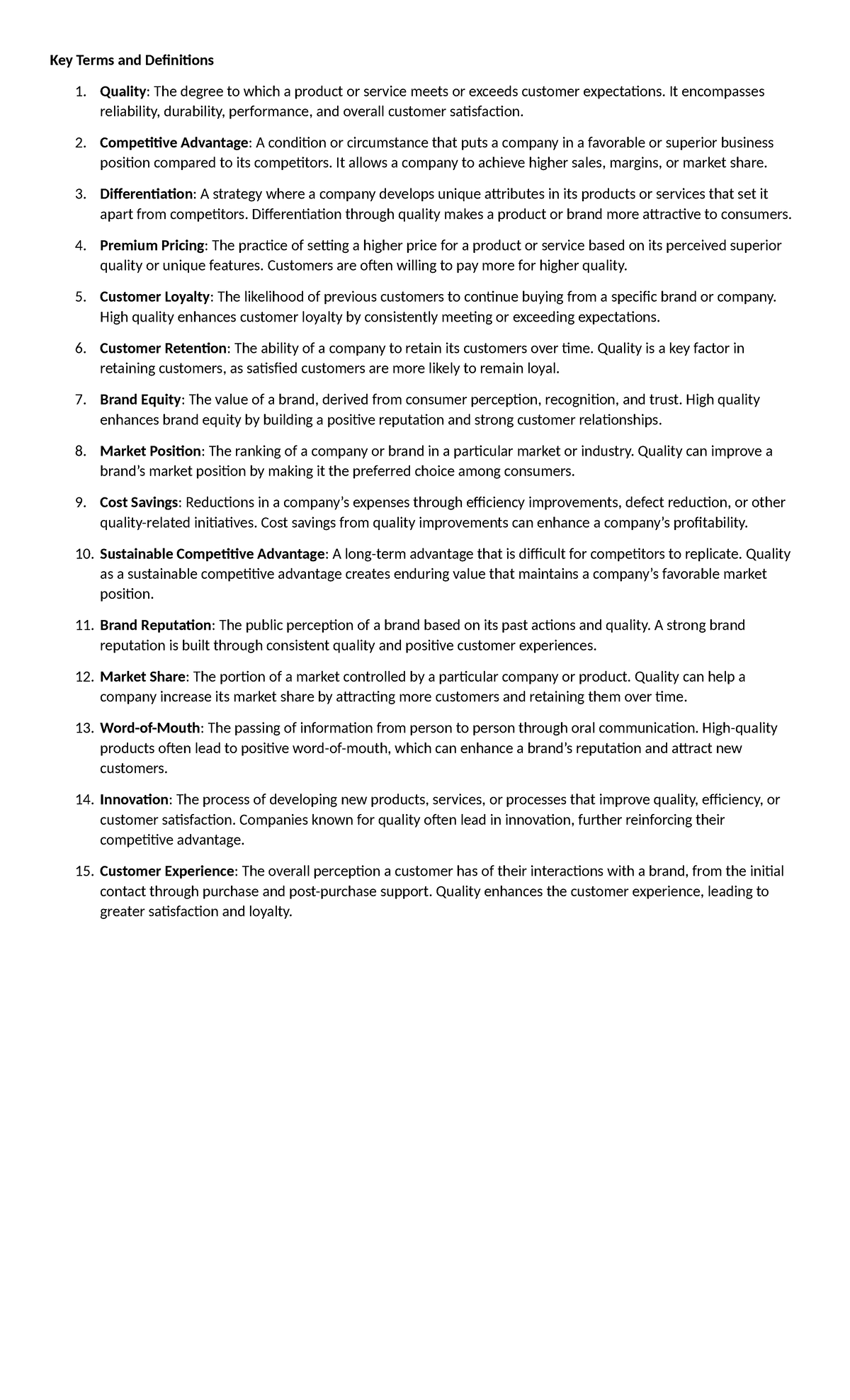 Key Terms and Definitions 1tqm - Quality: The degree to which a product ...