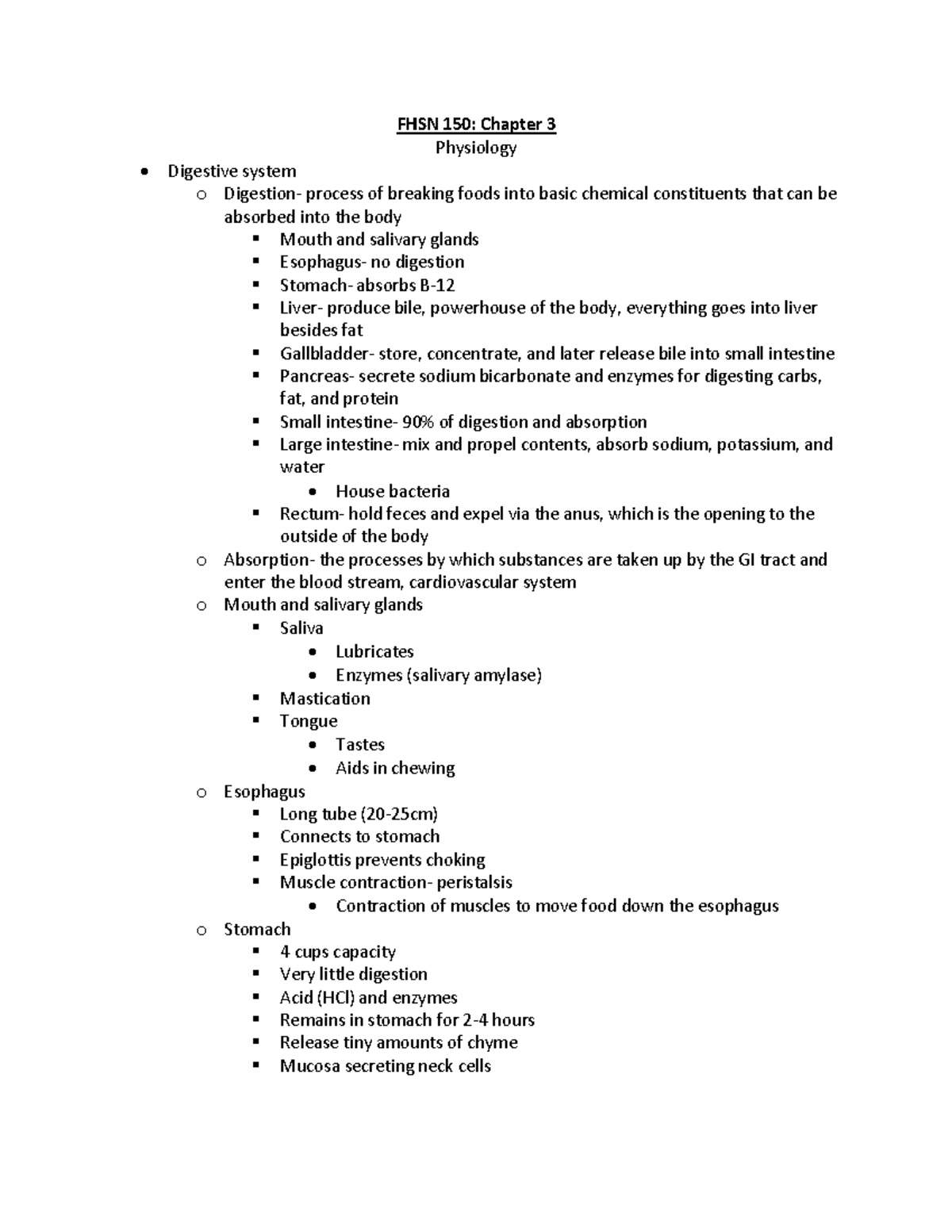 FSHN 150 Chapter 3 Notes - FHSN 150: Chapter 3 Physiology Digestive ...