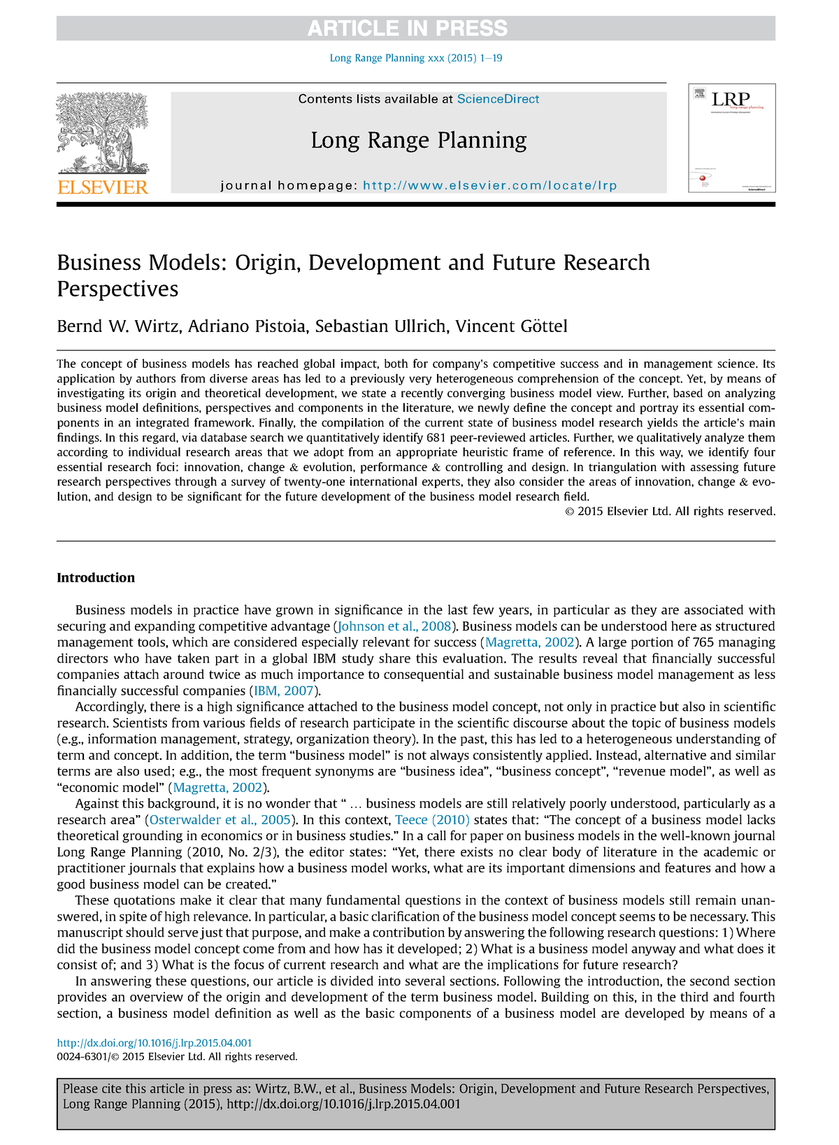 business models origin development and future research perspectives