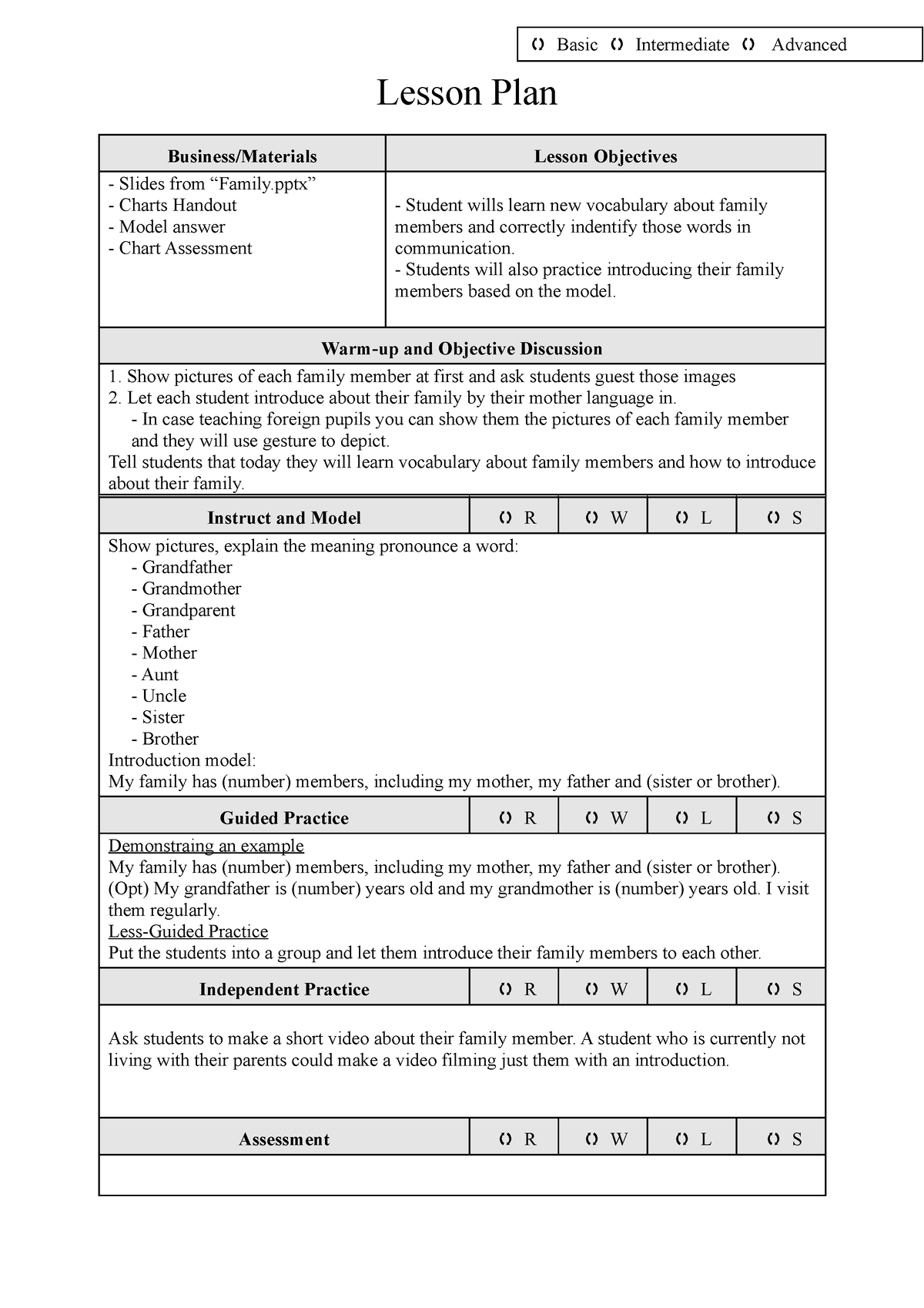 Lesson Plan Family - Lesson Plan Business/Materials Lesson Objectives ...