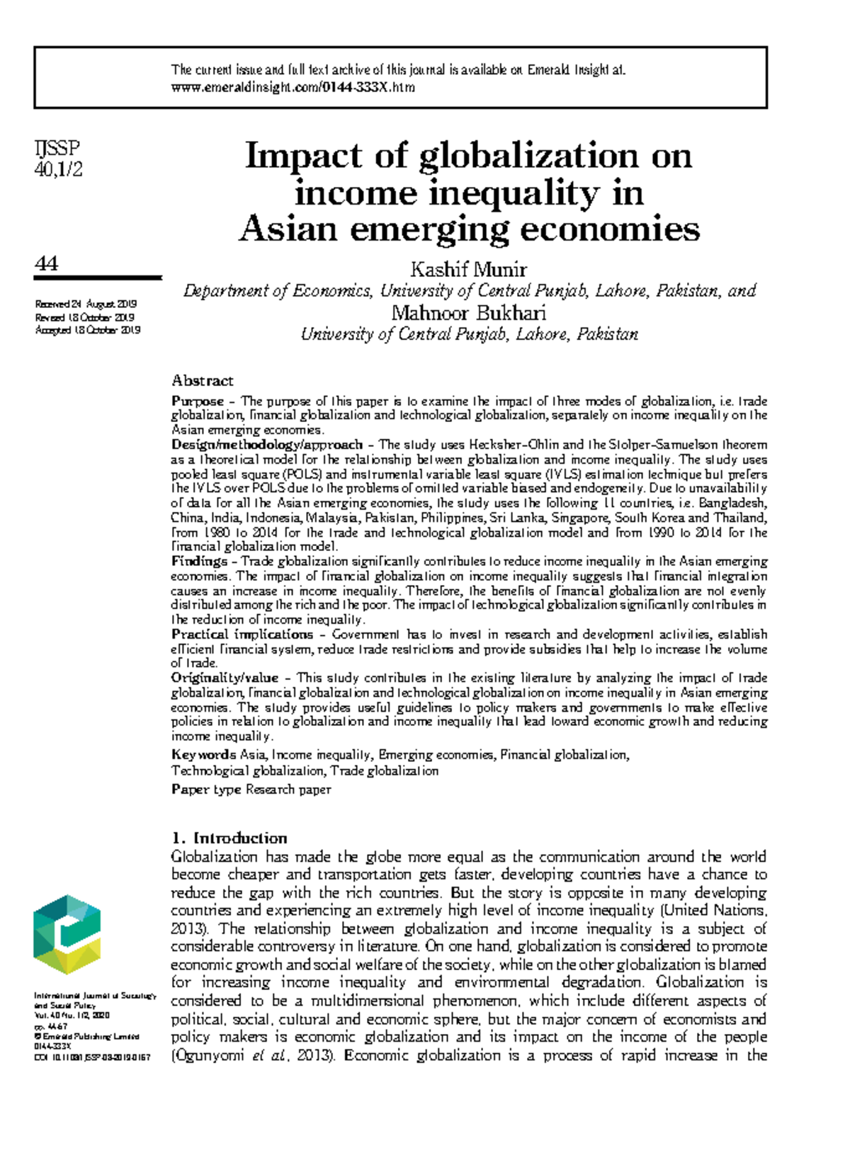 Munir 2019 - Impact of globalization on income inequality in Asian ...