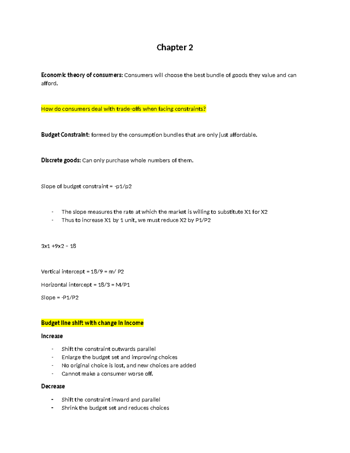 Ec270 - Notes - Chapter 2 Economic theory of consumers: Consumers will ...