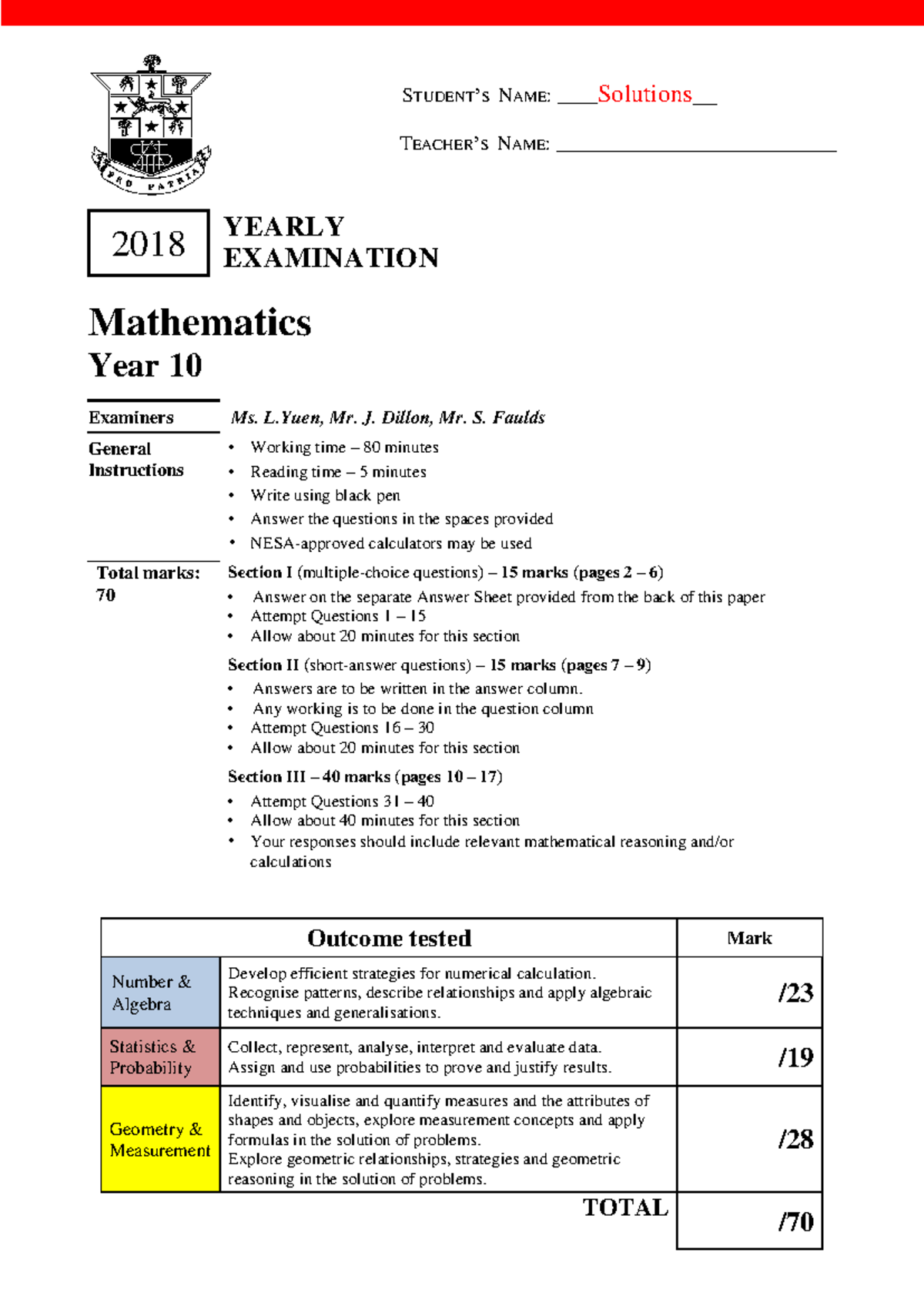 2018 solutions Year 10 Yearly exam - STUDENT’S NAME: __Solutions ...