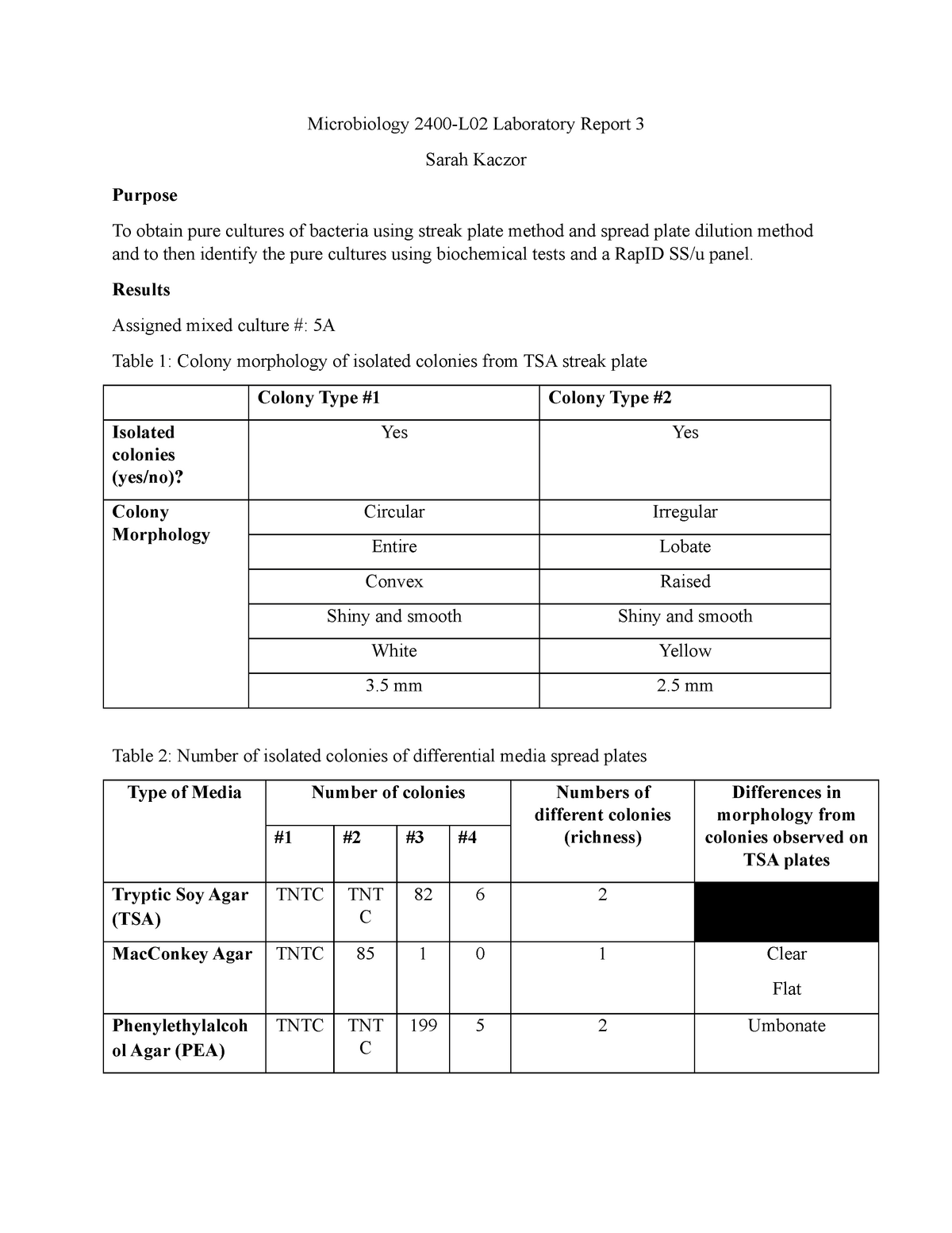 Microbiology Lab Report 3 Streak Plates and RapID SS Microbiology