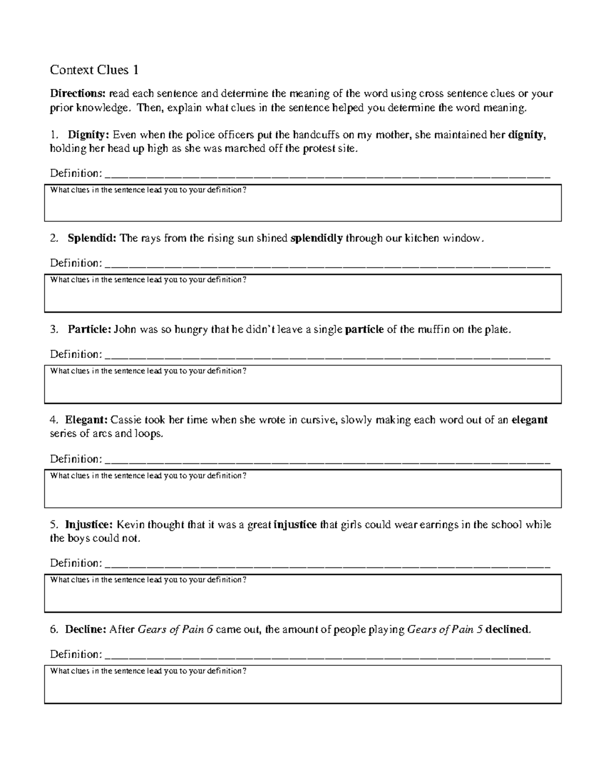 Context Clues 1 - Worksheet - Context Clues 1 Directions: read each  sentence and determine the - Studocu