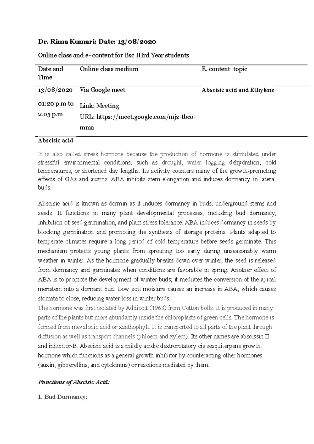 Abscisic acid - Absicisic acid - Dr. Rima Kumari: Date: 13/08/ Online ...