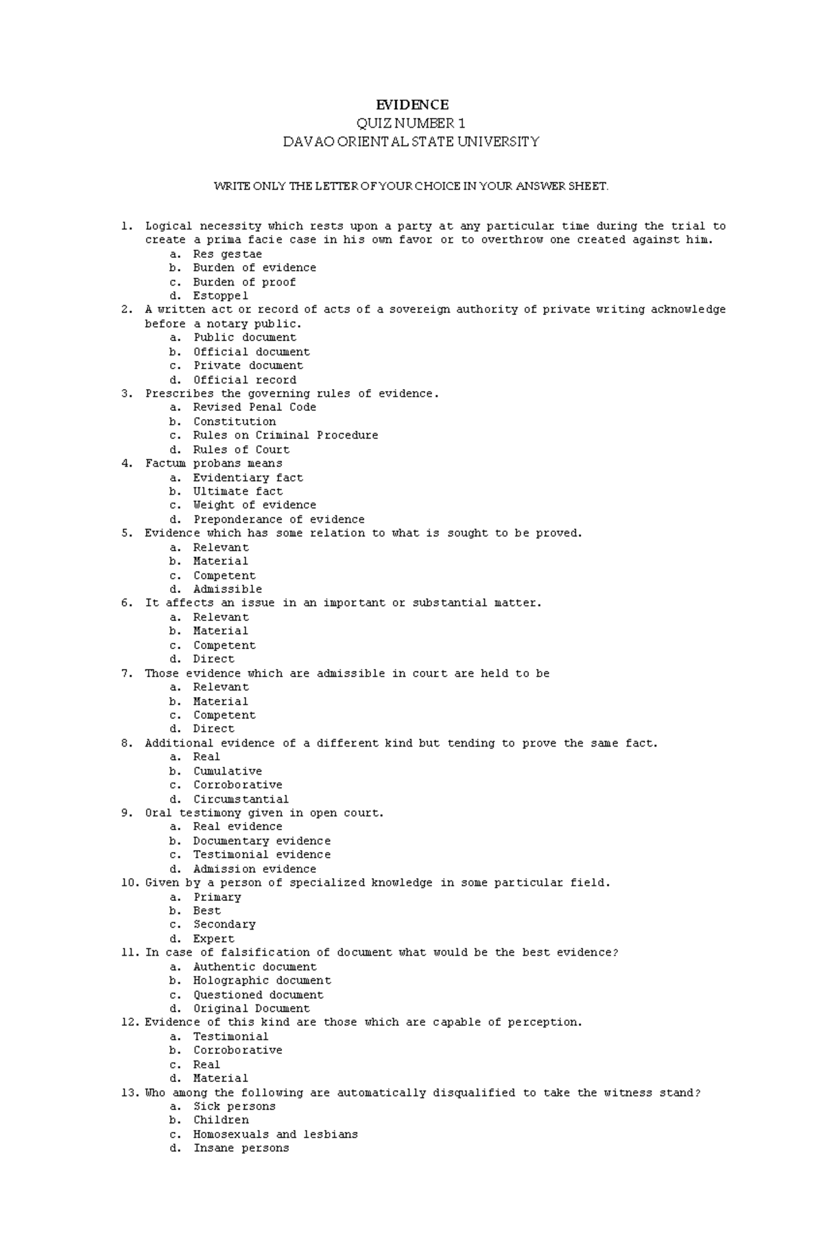 QUIZ-EVID - n/a - EVIDENCE QUIZ NUMBER 1 DAVAO ORIENTAL STATE ...
