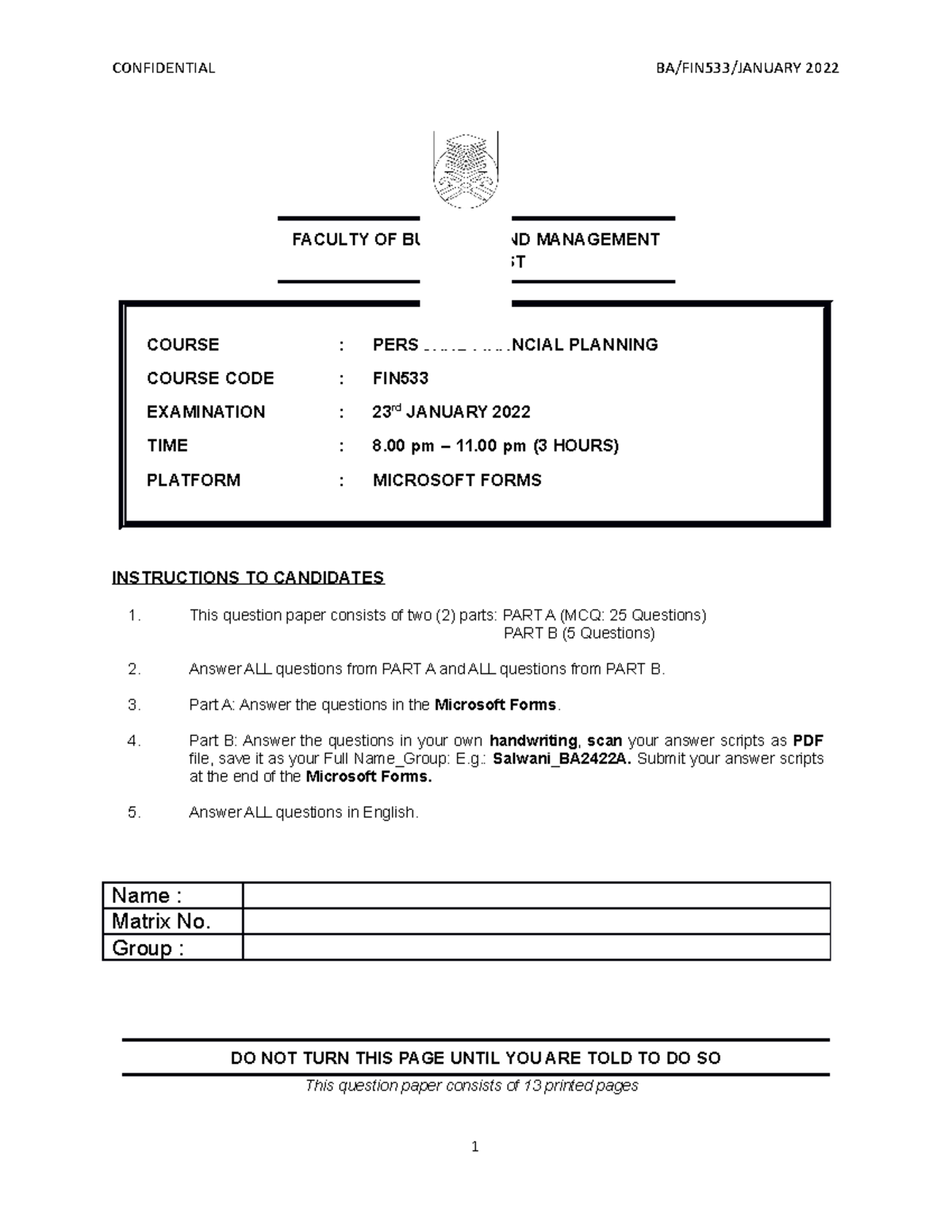 Final Test FIN533 Jan 2022 - FACULTY OF BUSINESS AND MANAGEMENT FINAL ...