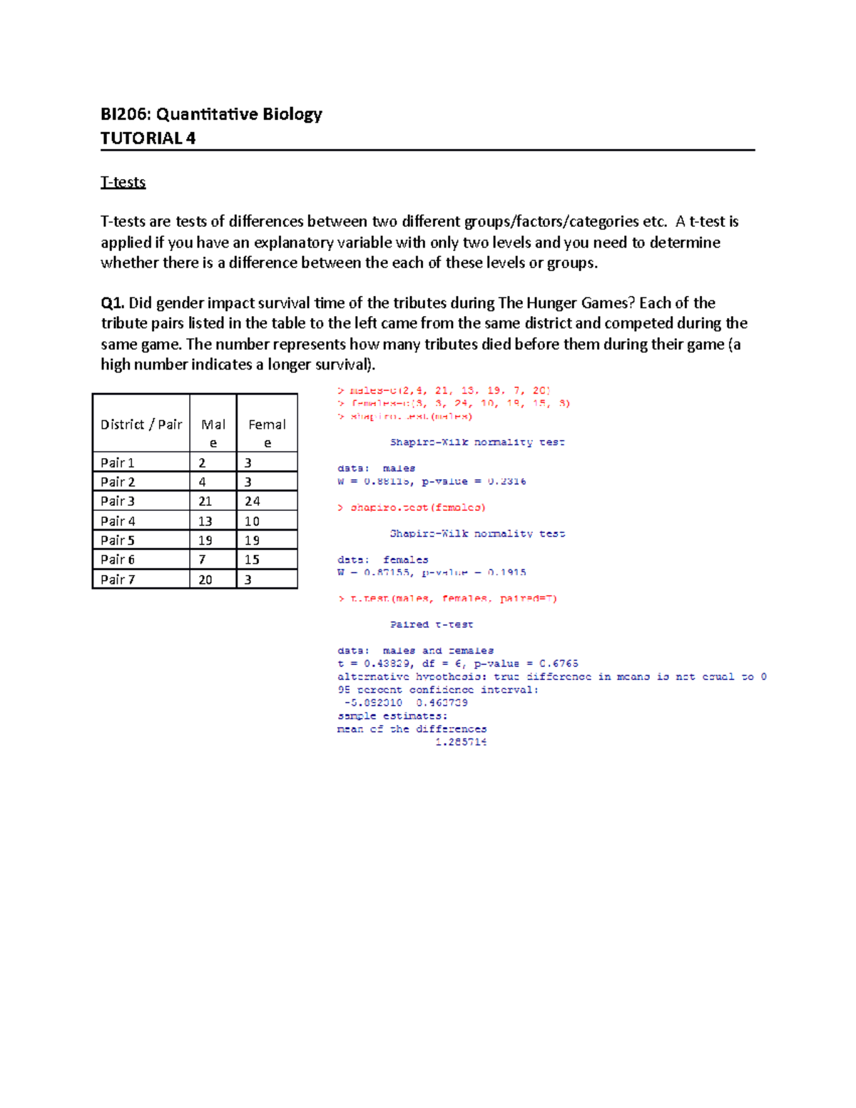 BI206 Tutorial 4 - BI206: Quantitative Biology TUTORIAL 4 T-tests T ...