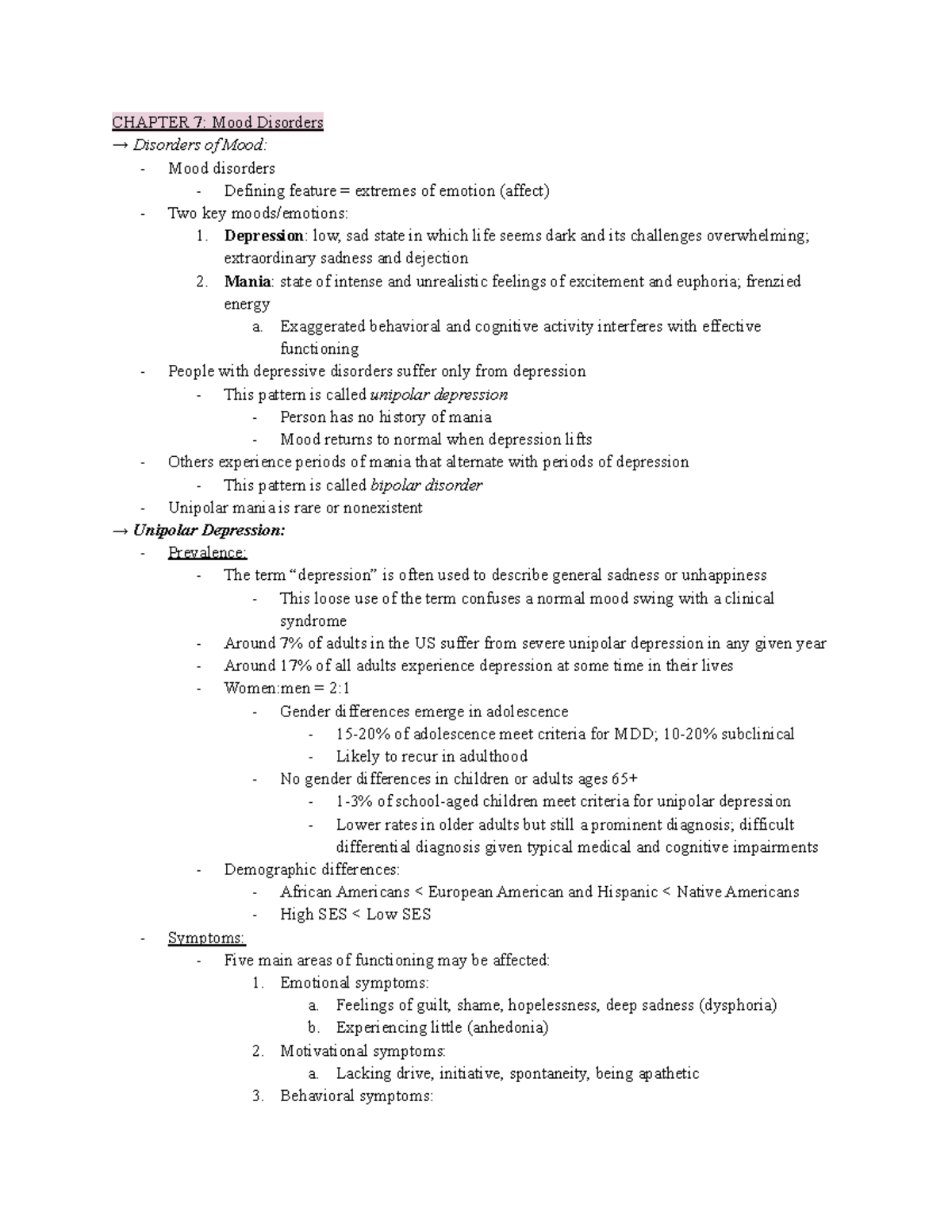 PSYC 306 Lecture Notes (Exam #3) - CHAPTER 7: Mood Disorders → ...