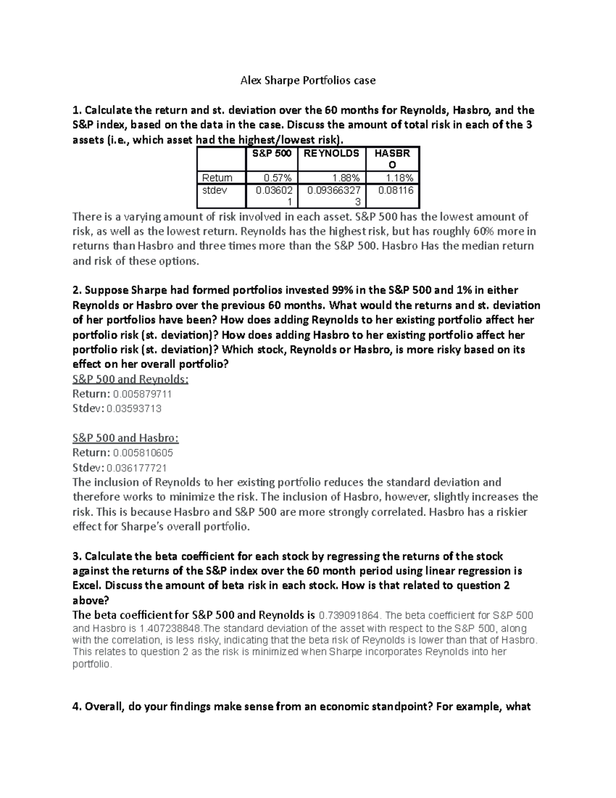 Alex sharpe case - 2 - Alex Sharpe Portfolios case Calculate the return